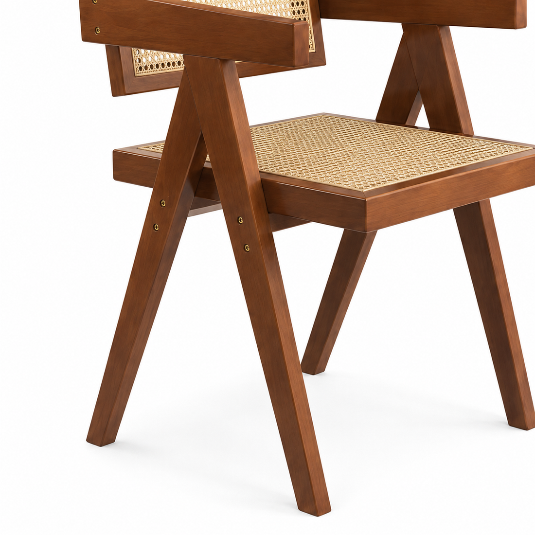 Mosel brown dining chair close-up of the woven rattan backrest and solid wood armrest