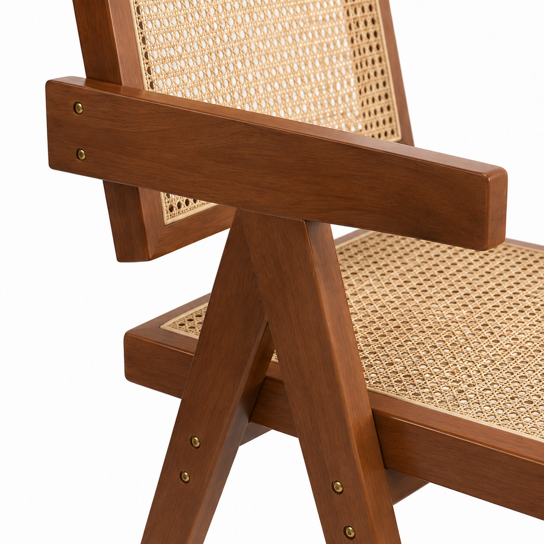 Mosel brown dining chair close-up of the rubberwood frame and seat connection