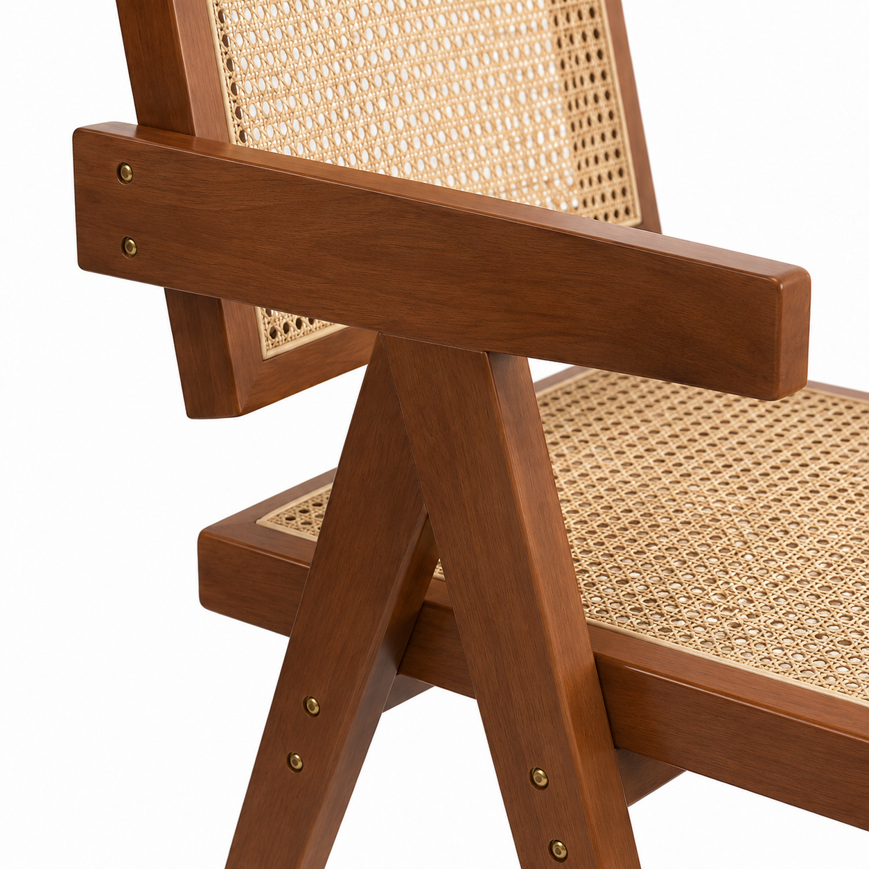 Mosel brown dining chair close-up of the rubberwood frame and seat connection