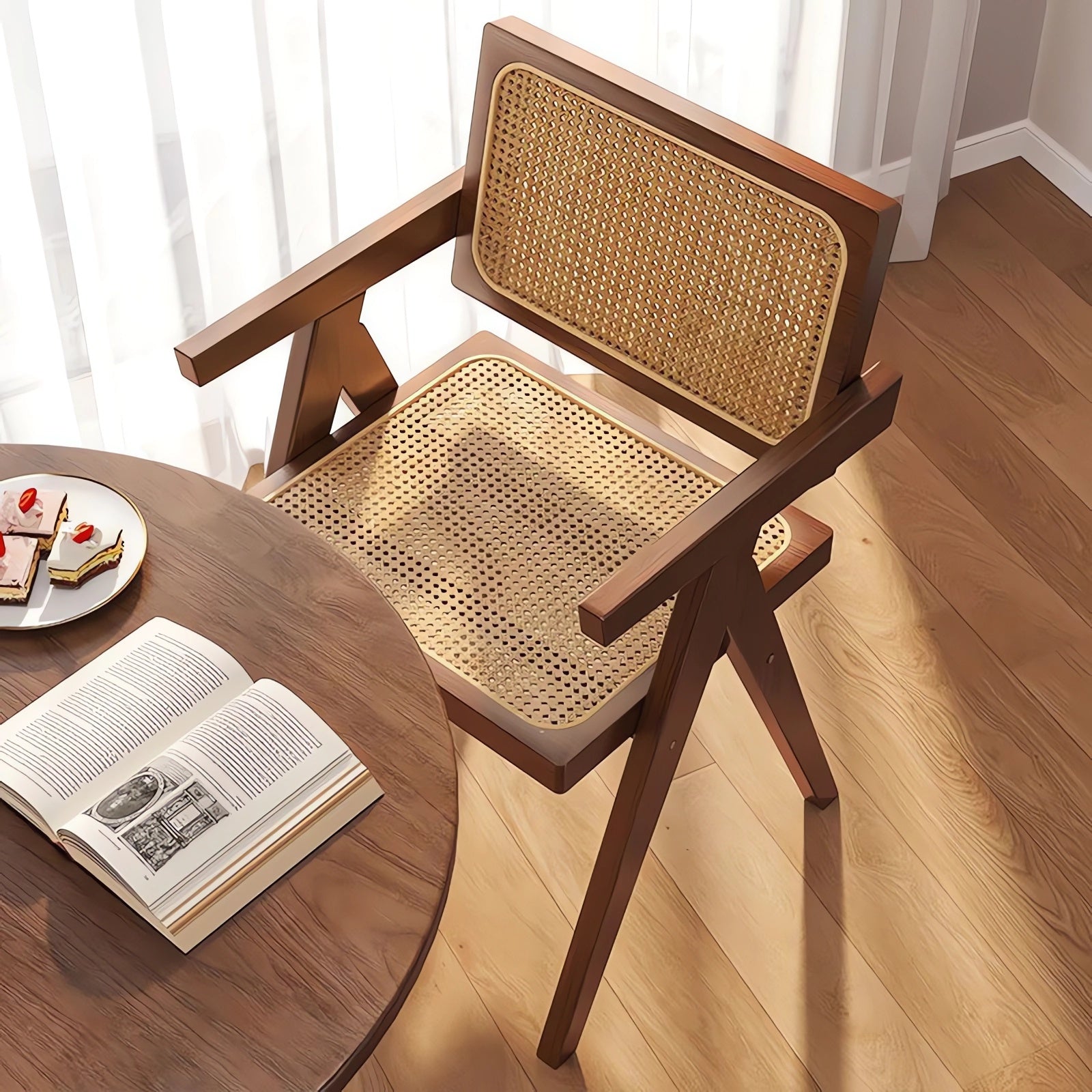 Mosel brown dining chair shown with a book resting on the woven rattan seat