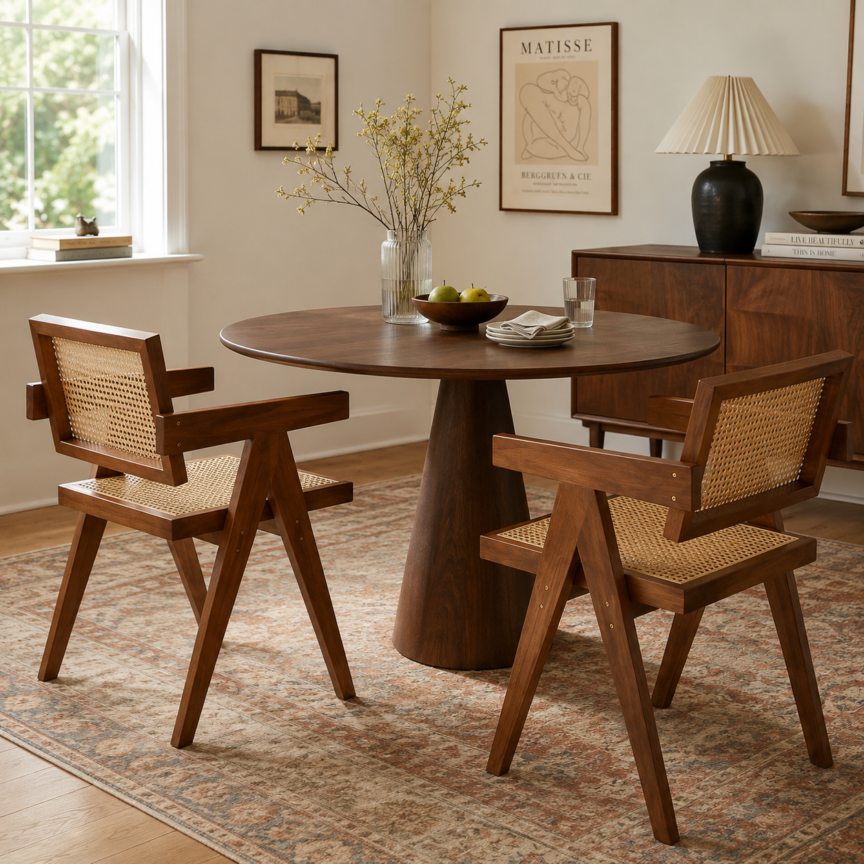 Mosel brown woven rattan dining chairs with solid rubberwood frames around a rectangular wood dining table