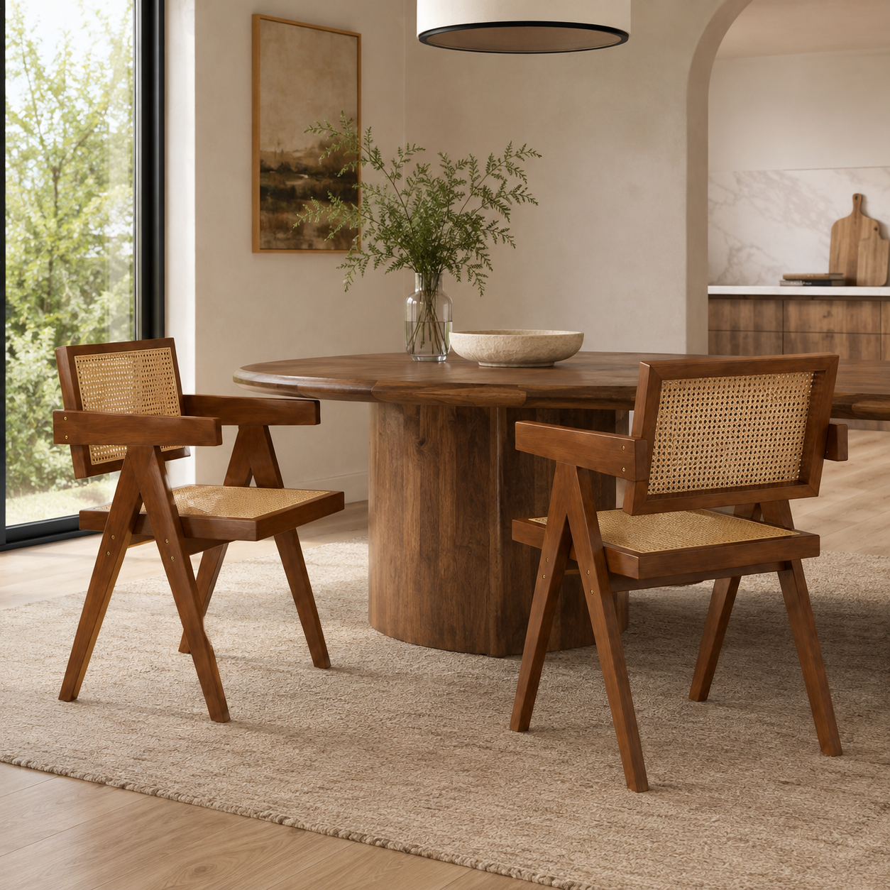 Mosel brown rattan dining chairs in a warm dining room with natural wood furniture