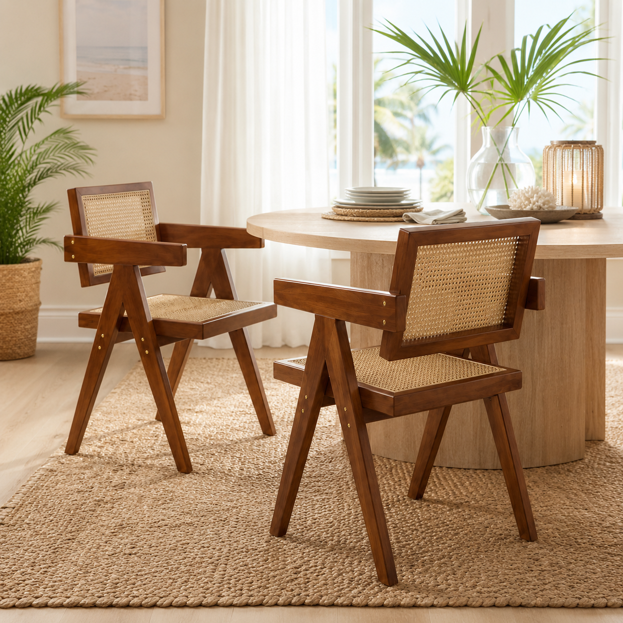 Mosel brown woven rattan dining chairs beside a wood table in a bright modern dining space