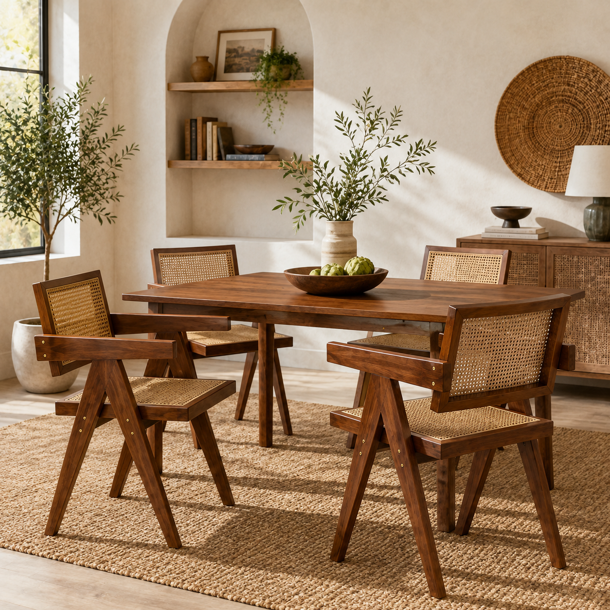 Mosel brown dining chairs with armrests in a cozy dining room with neutral decor