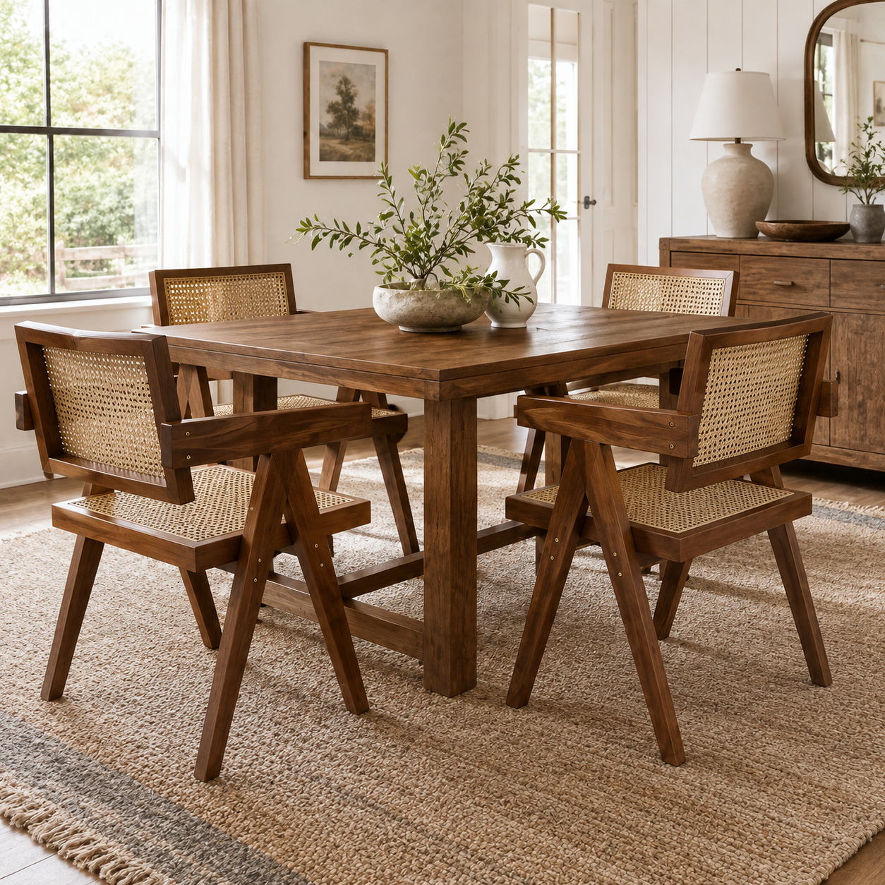 Mosel brown rattan dining chair set around a rectangular table in a sunlit dining room