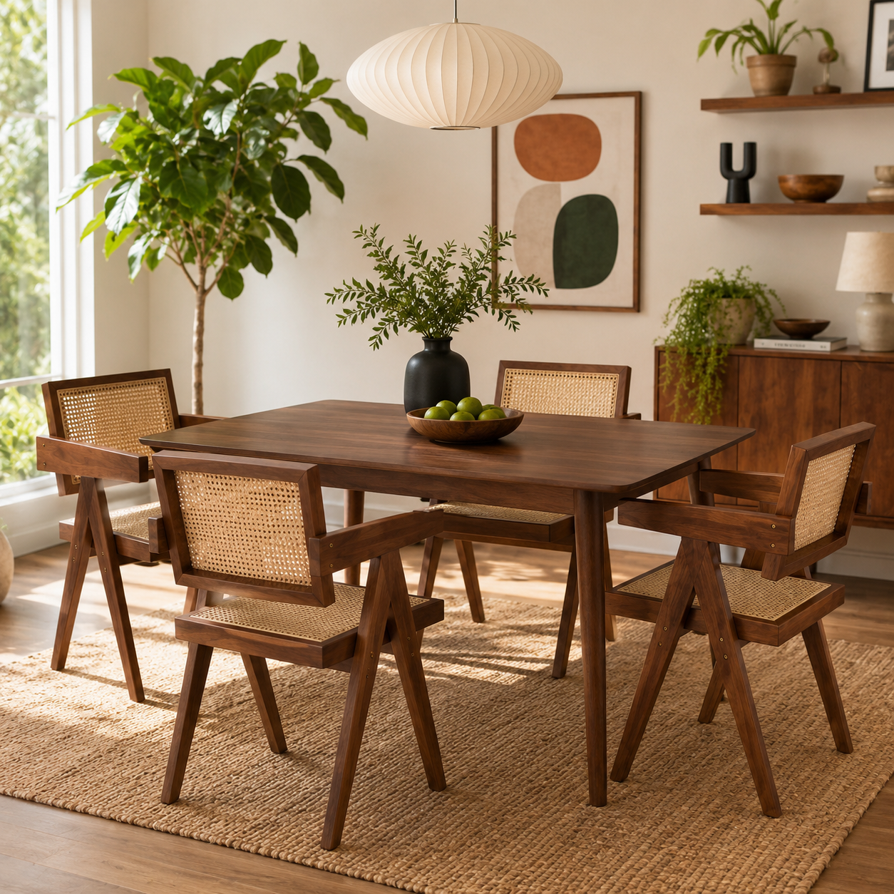 Mosel brown solid wood dining chairs in a warm contemporary dining area with plants