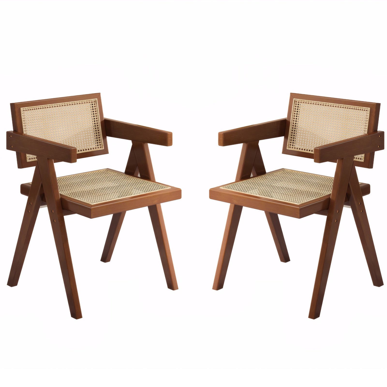 Mosel brown woven rattan dining chairs set of two front angled view on white background