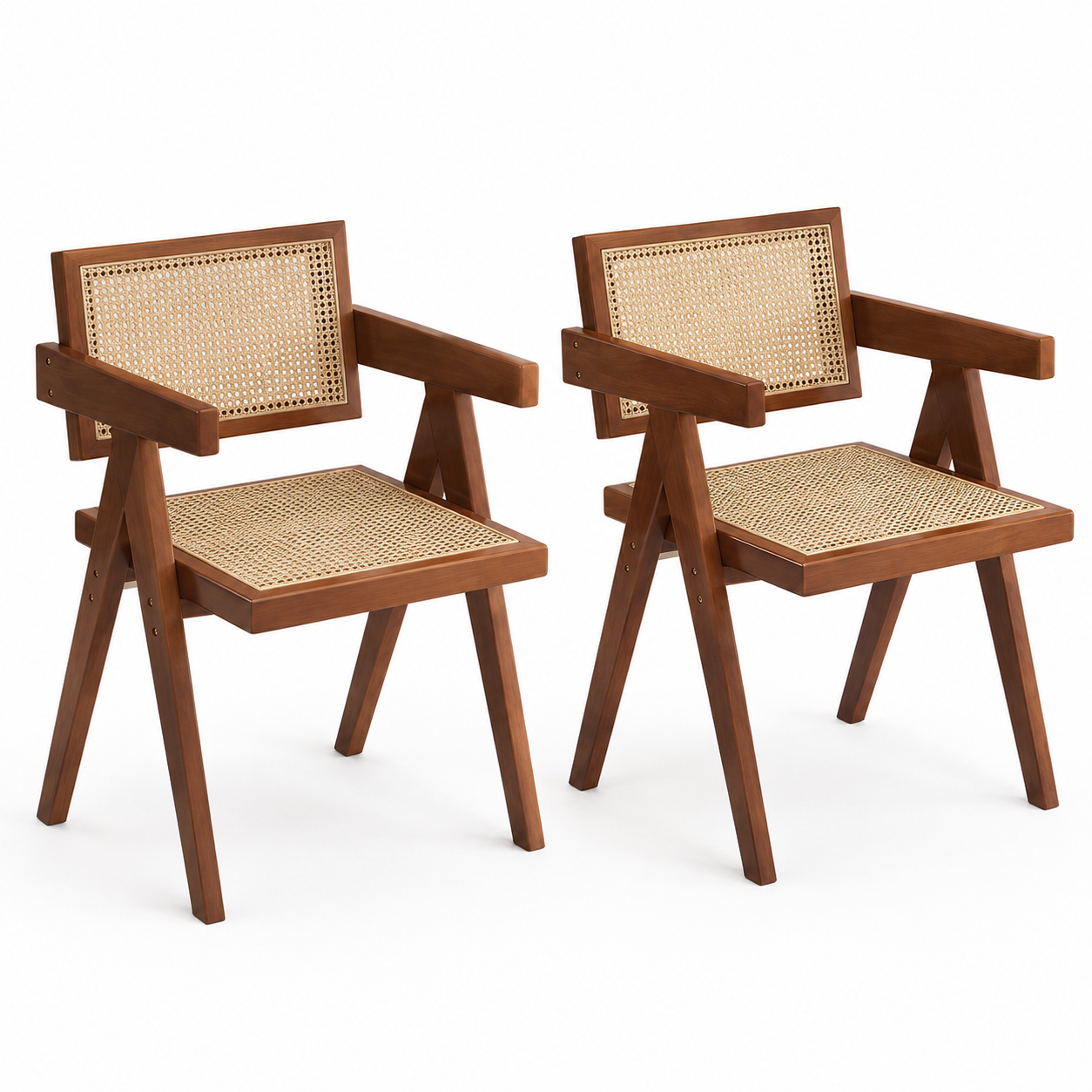 Mosel brown woven rattan dining chairs set of two front angled view on white background
