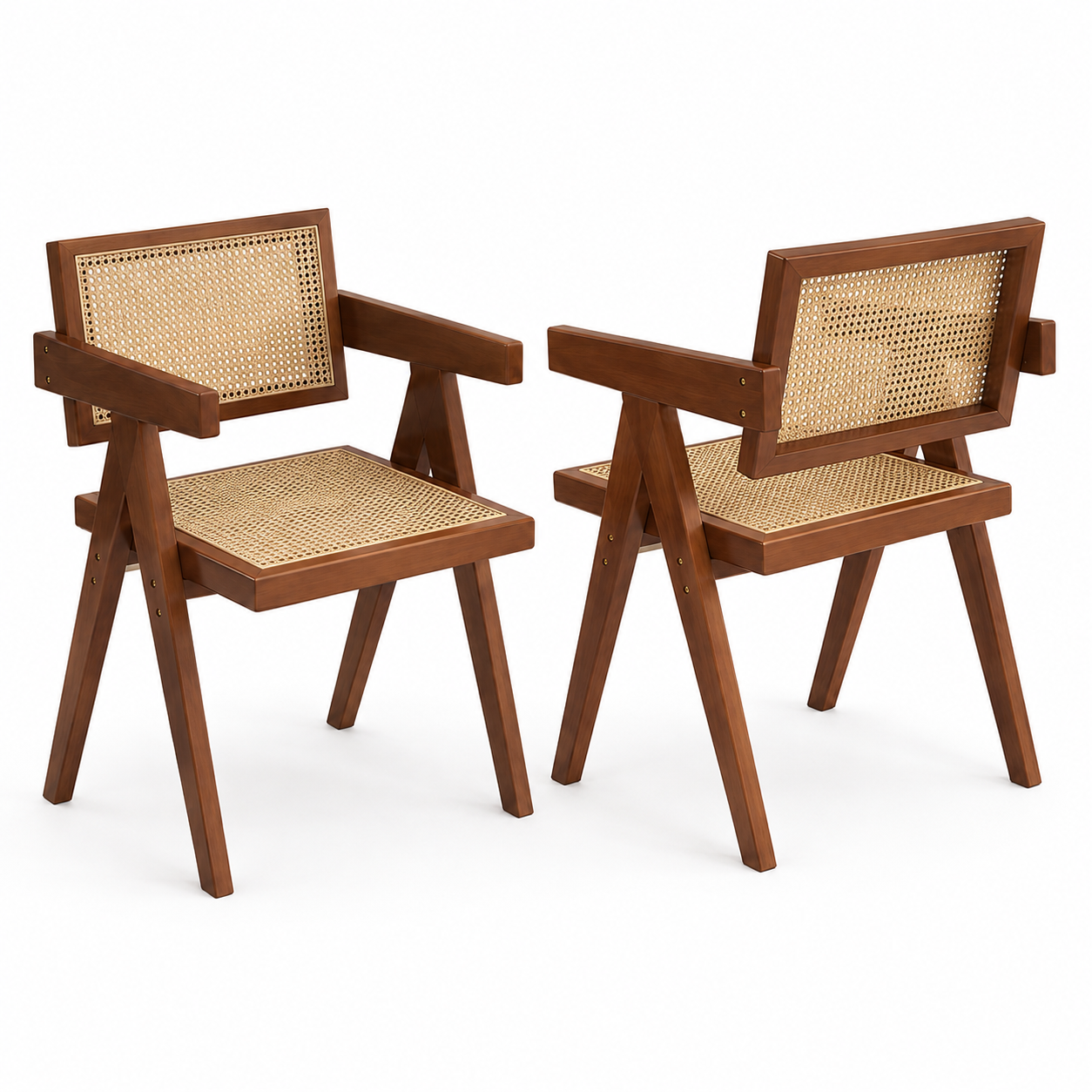 Mosel brown woven rattan dining chairs set of two front angled view on white background