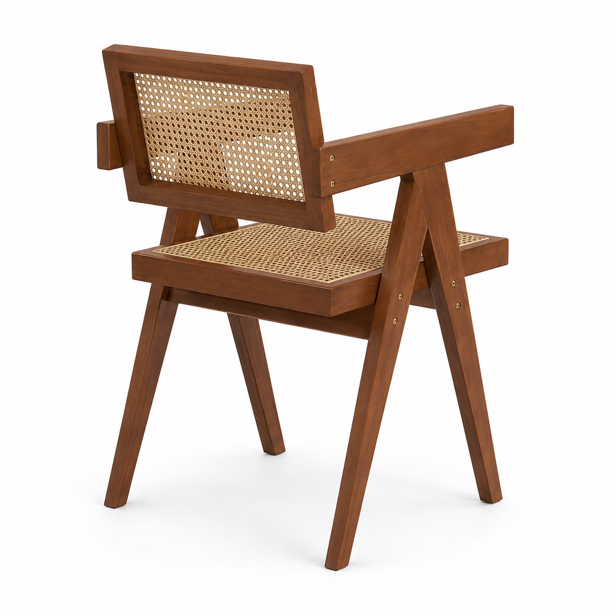 Mosel brown dining chair rear angled view with solid rubberwood frame on white background