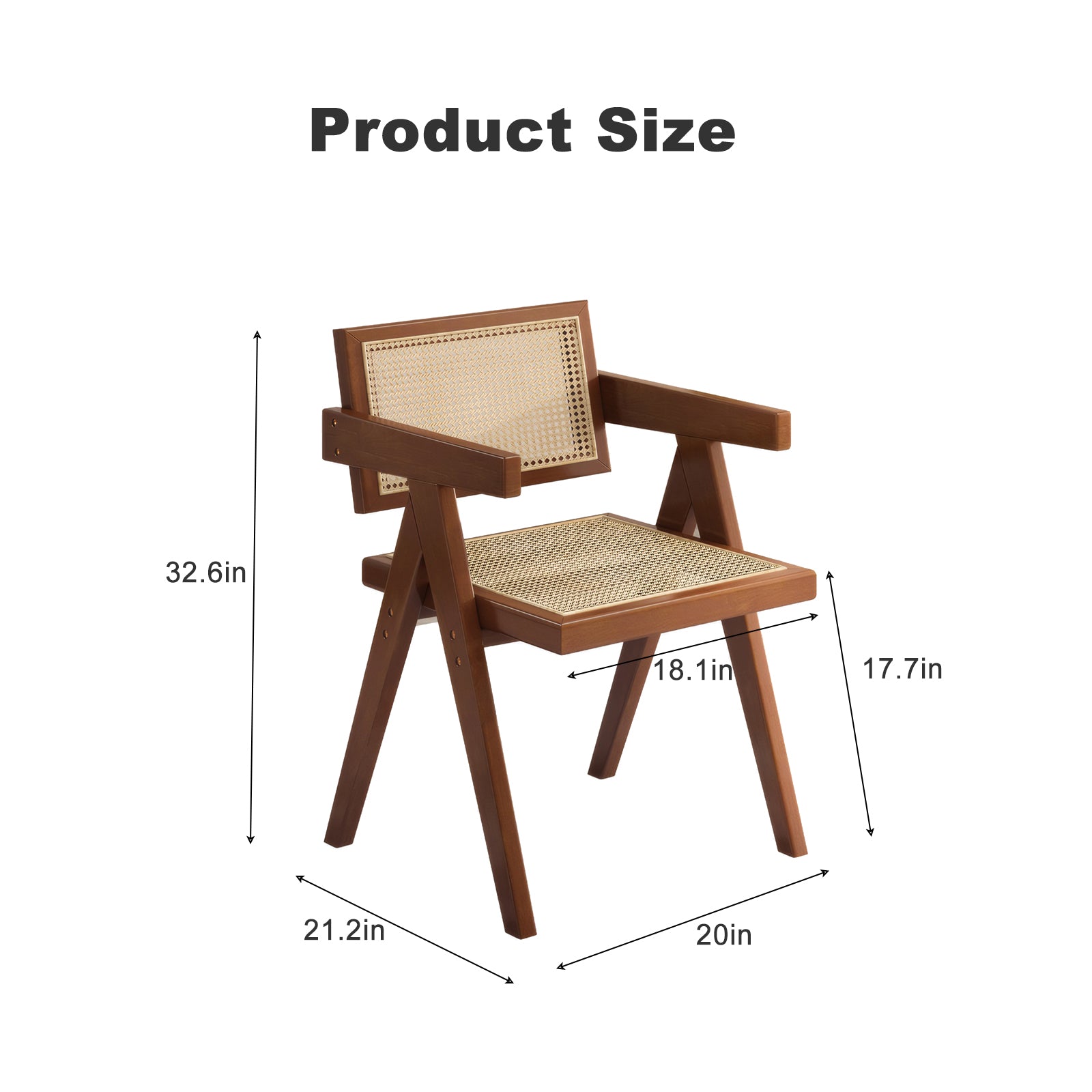 Mosel natural woven rattan dining chair showing product dimensions with solid rubberwood frame