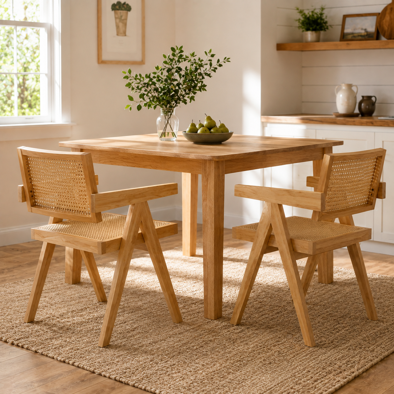 Mosel natural woven rattan dining chairs with solid rubberwood frames around a wood dining table