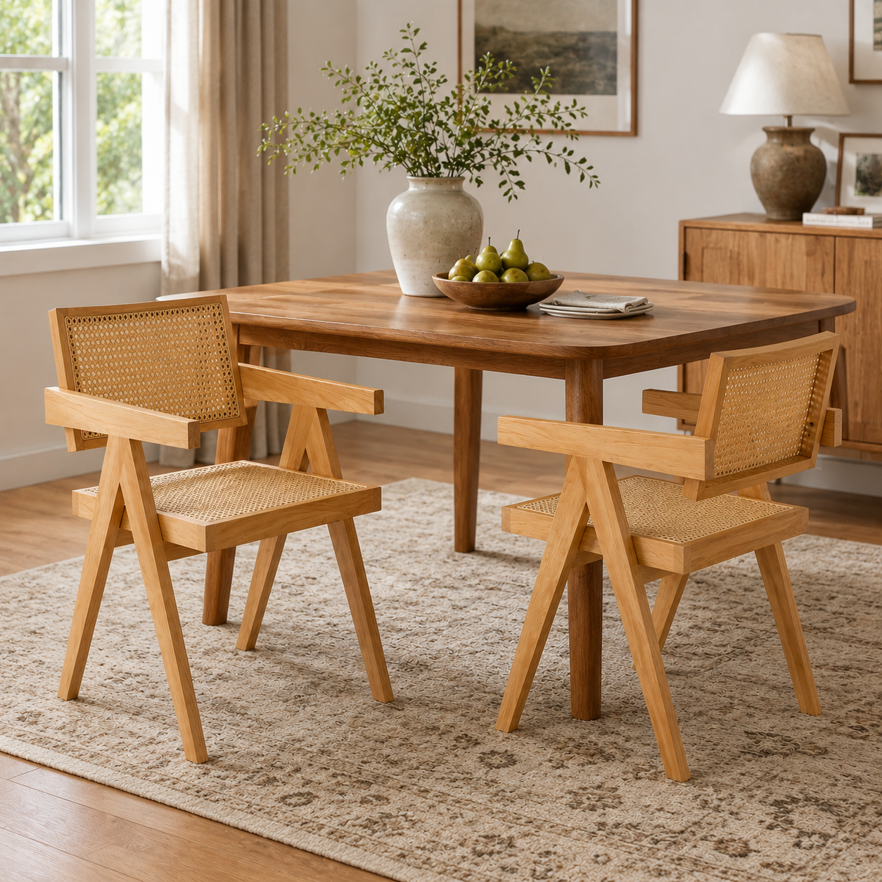 Mosel natural rattan dining chairs in a bright dining room with light wood furniture
