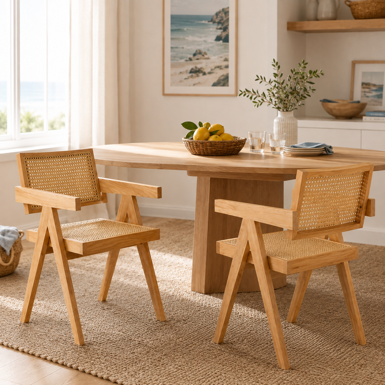 Mosel natural woven rattan dining chairs in a warm minimalist dining space