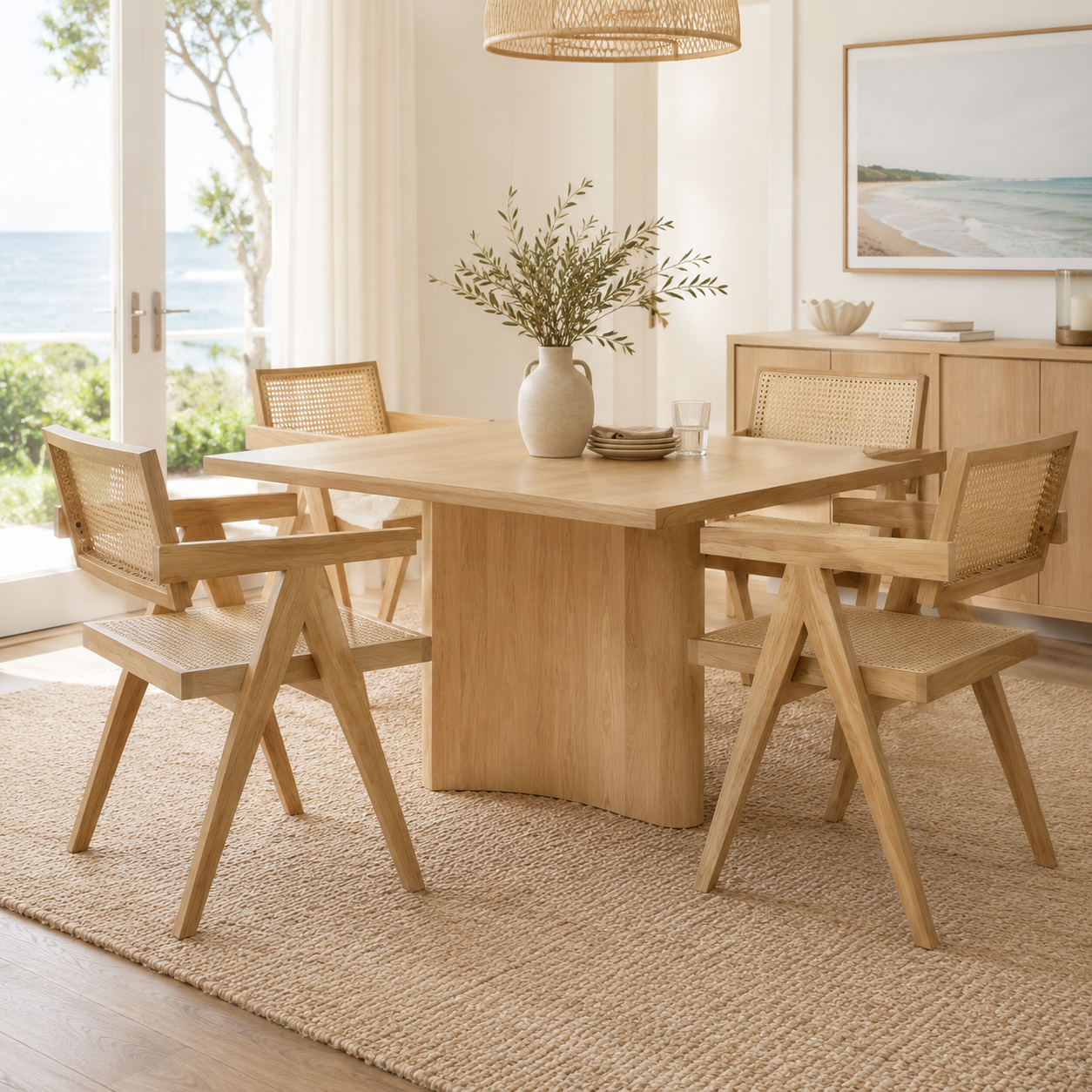 Mosel natural dining chairs with armrests around a rectangular wood dining table