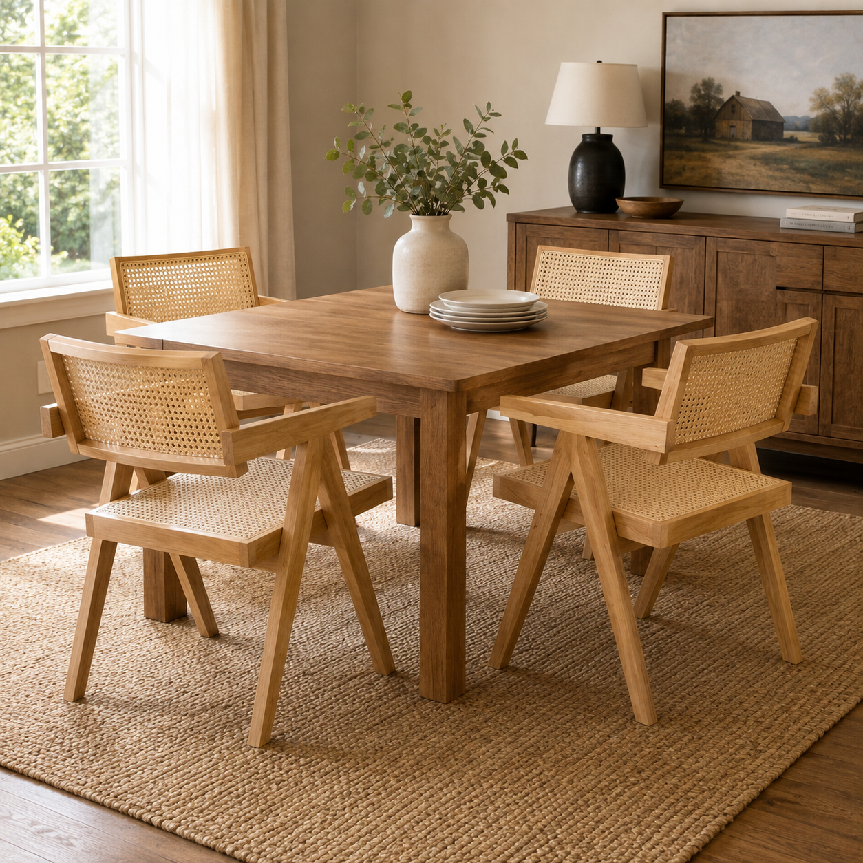 Mosel natural rattan dining chairs in a sunlit dining room with neutral decor and plants