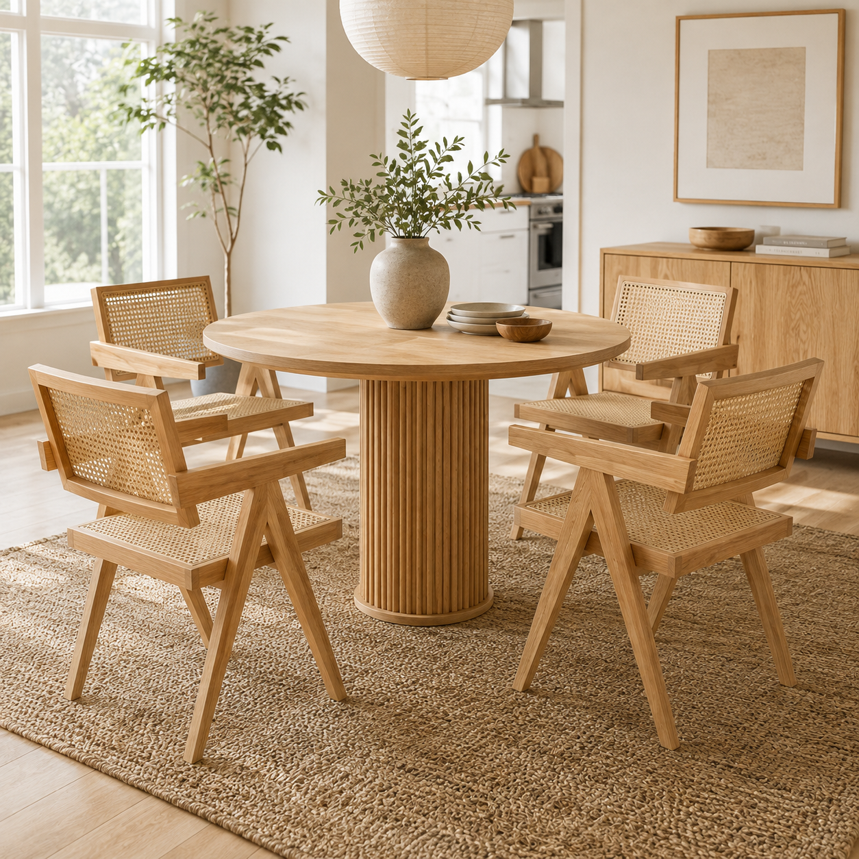 Mosel natural solid wood dining chairs beside a wood table in a cozy contemporary room