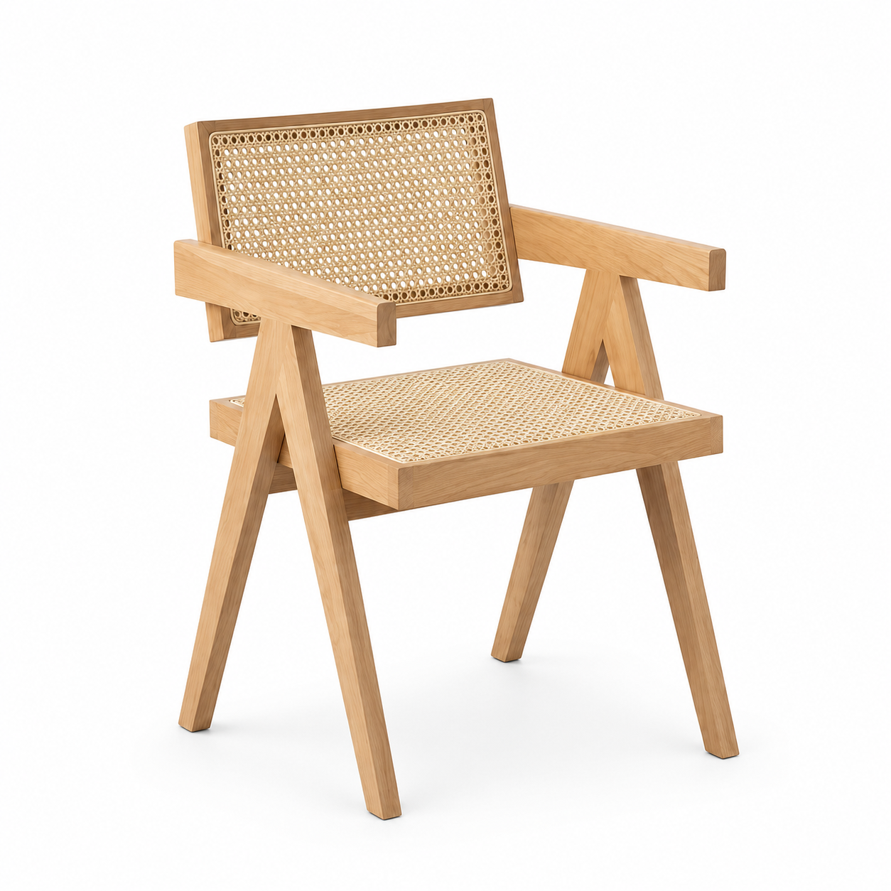 Mosel natural dining chair front view with woven rattan backrest on white background