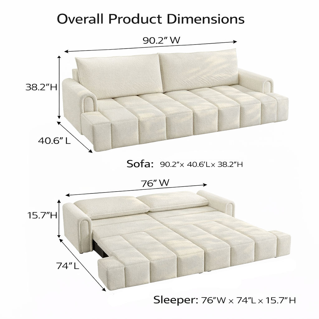 Muncie beige white sleeper sofa showing overall sofa and sleeper bed dimensions