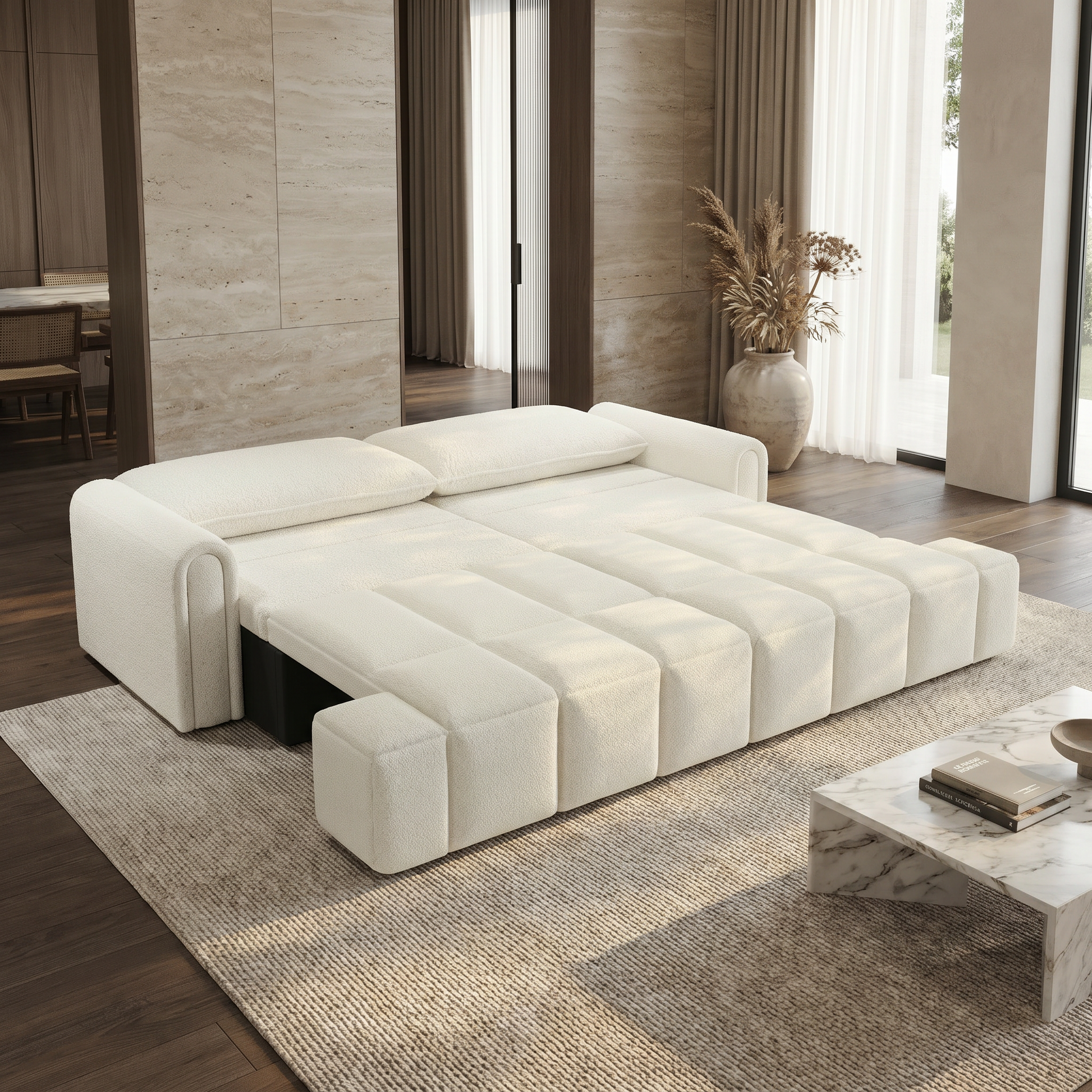 Muncie beige white sleeper sofa showing king size pull out bed setup in modern room