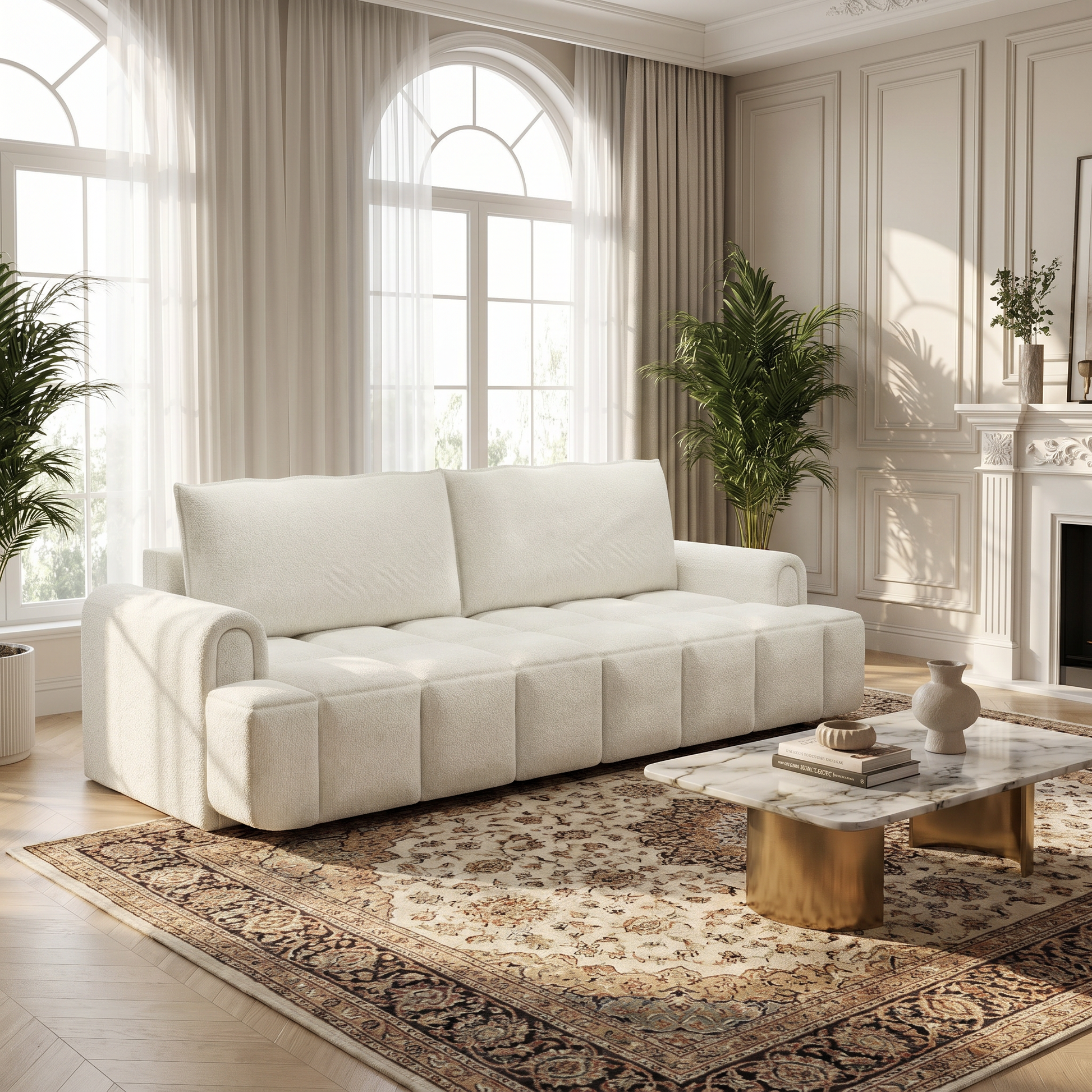 Muncie beige white sleeper sofa showing sofa configuration in elegant living room