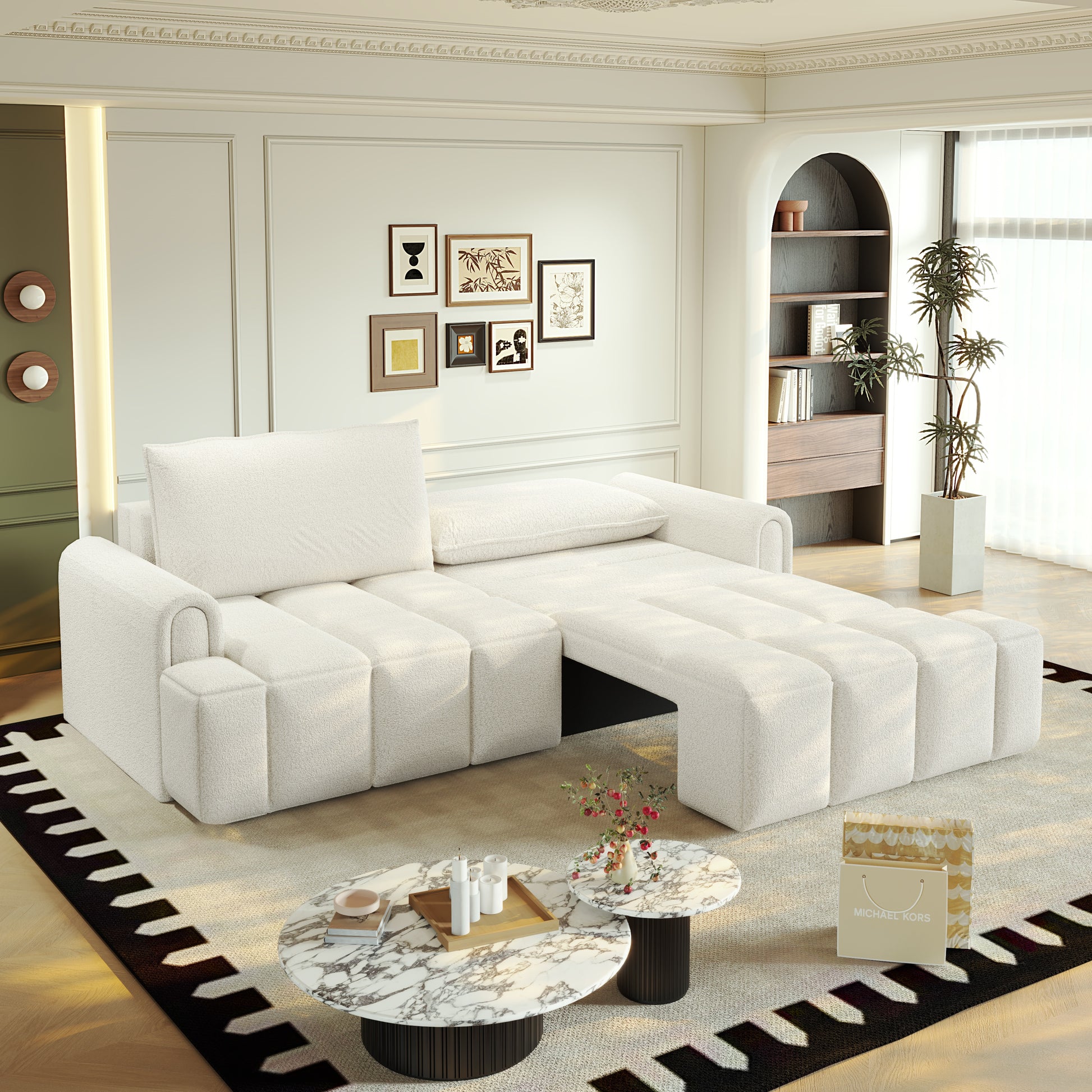 Muncie beige white sleeper sofa showing single side convertible bed function