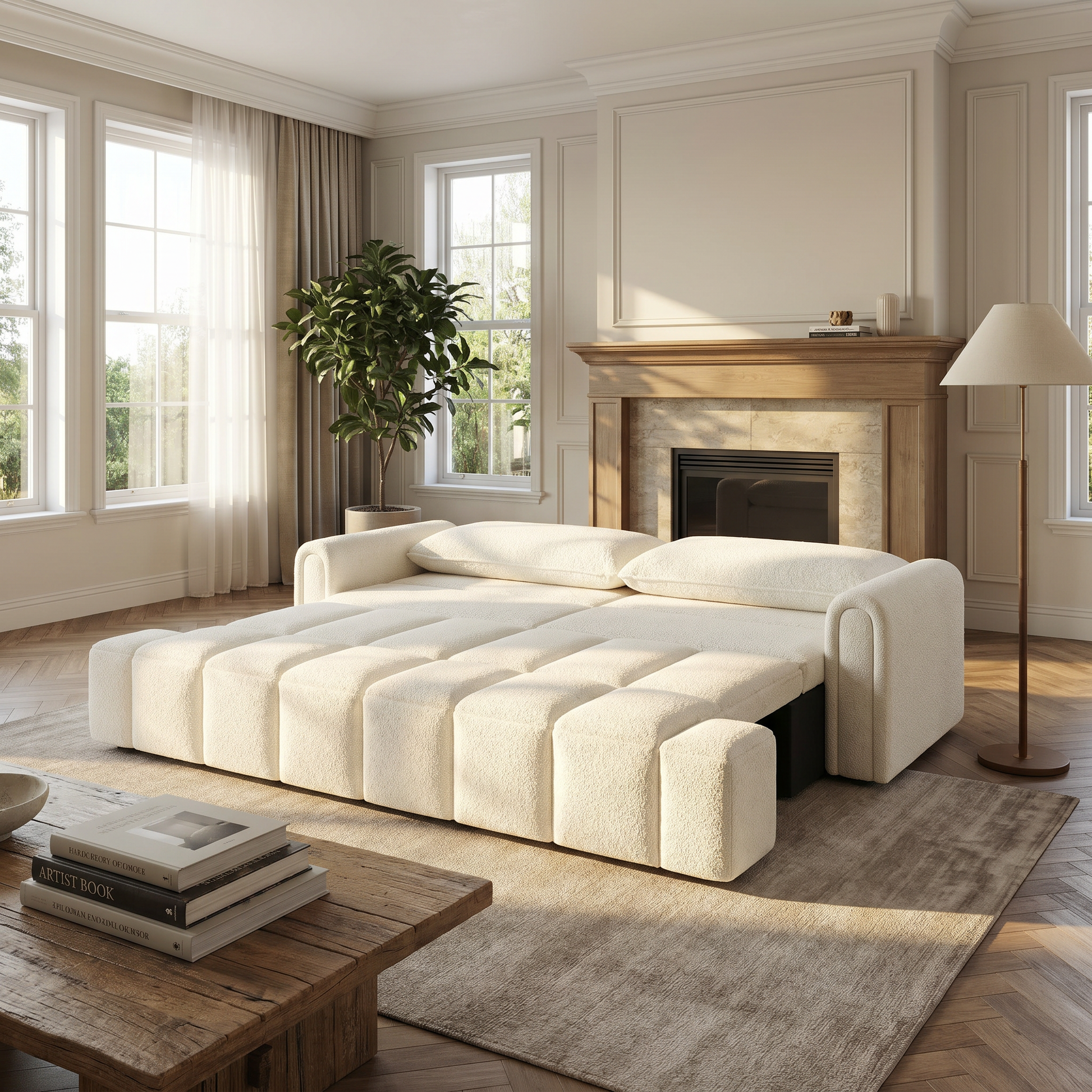 Muncie beige white sleeper sofa showing full extended sleeper bed setup