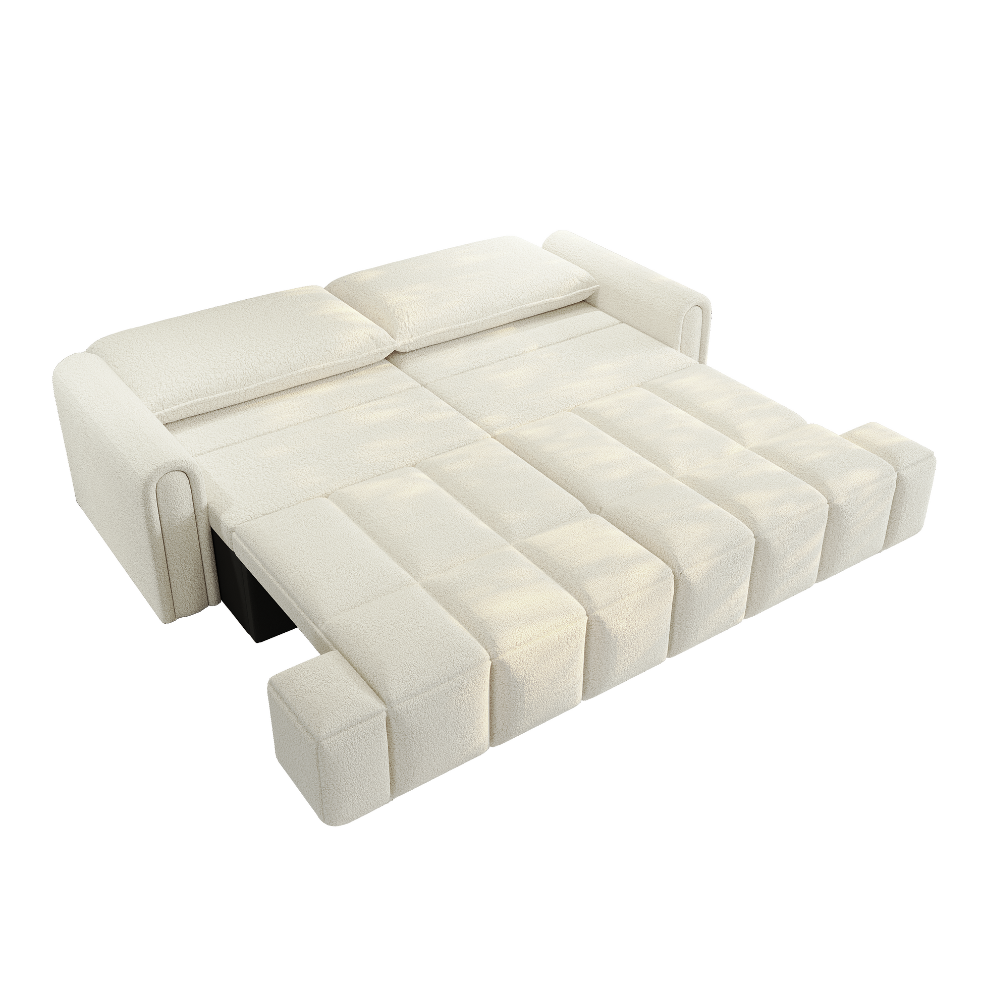 Muncie beige white sleeper sofa showing pull out king size sleeper mode on white background