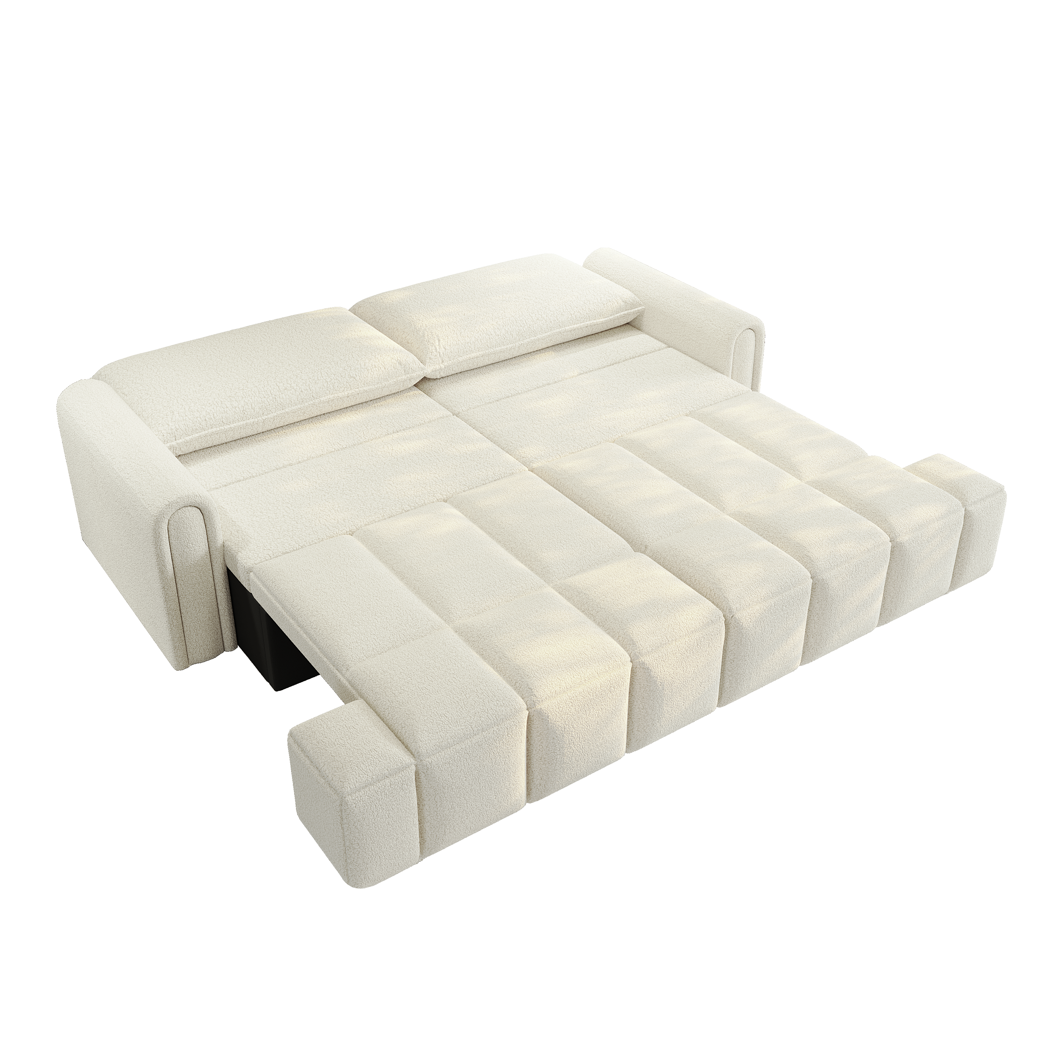 Muncie beige white sleeper sofa showing pull out king size sleeper mode on white background