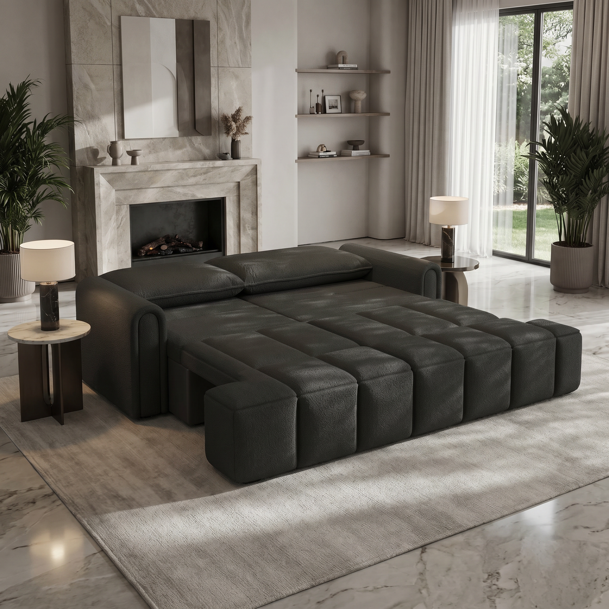 Muncie black sleeper sofa showing full pull out sleeper bed in luxury living room