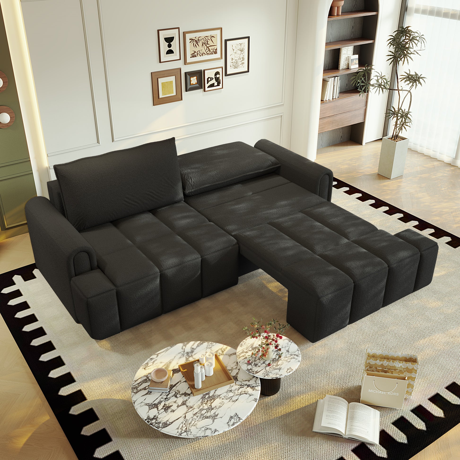 Muncie black sleeper sofa showing partial pull out sleeper setup in apartment scene