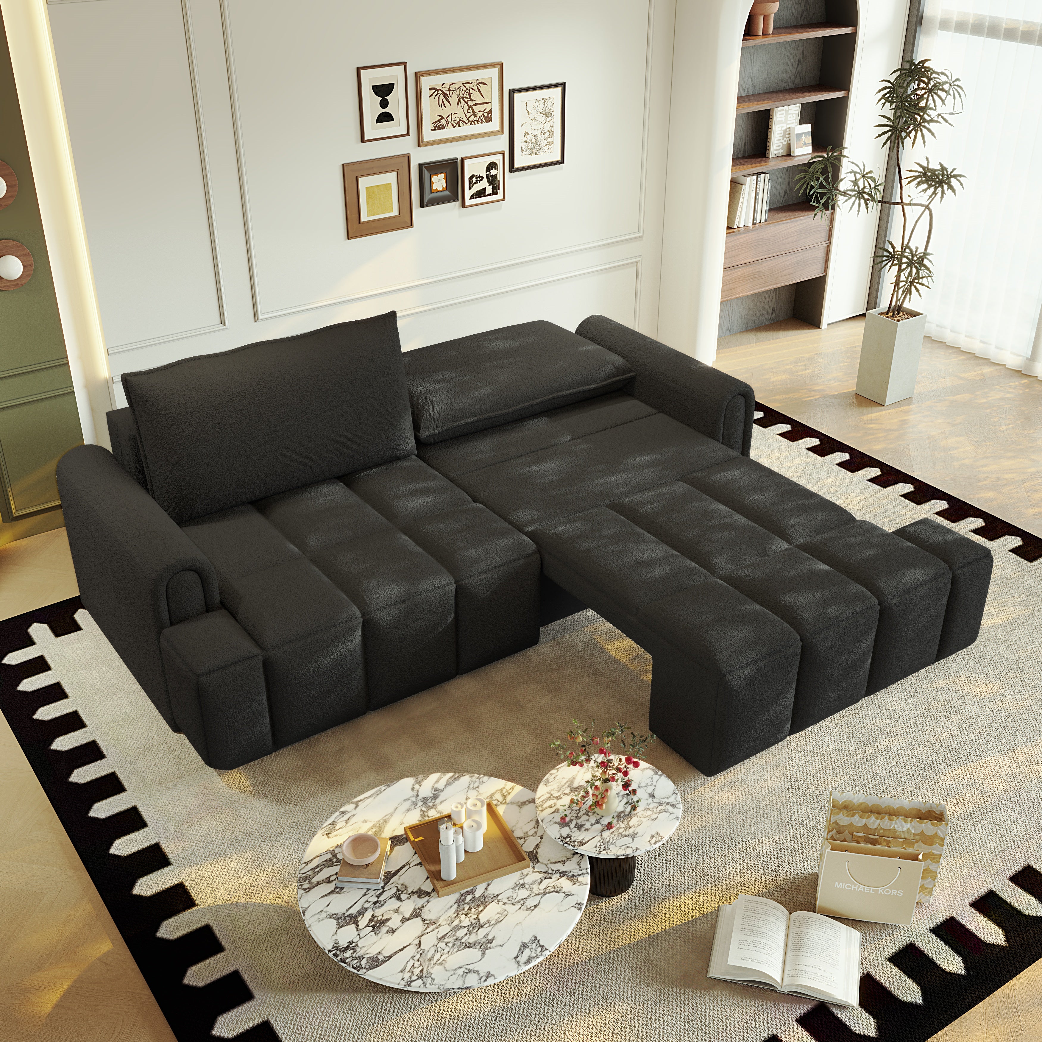 Muncie black sleeper sofa showing partial pull out sleeper setup in apartment scene