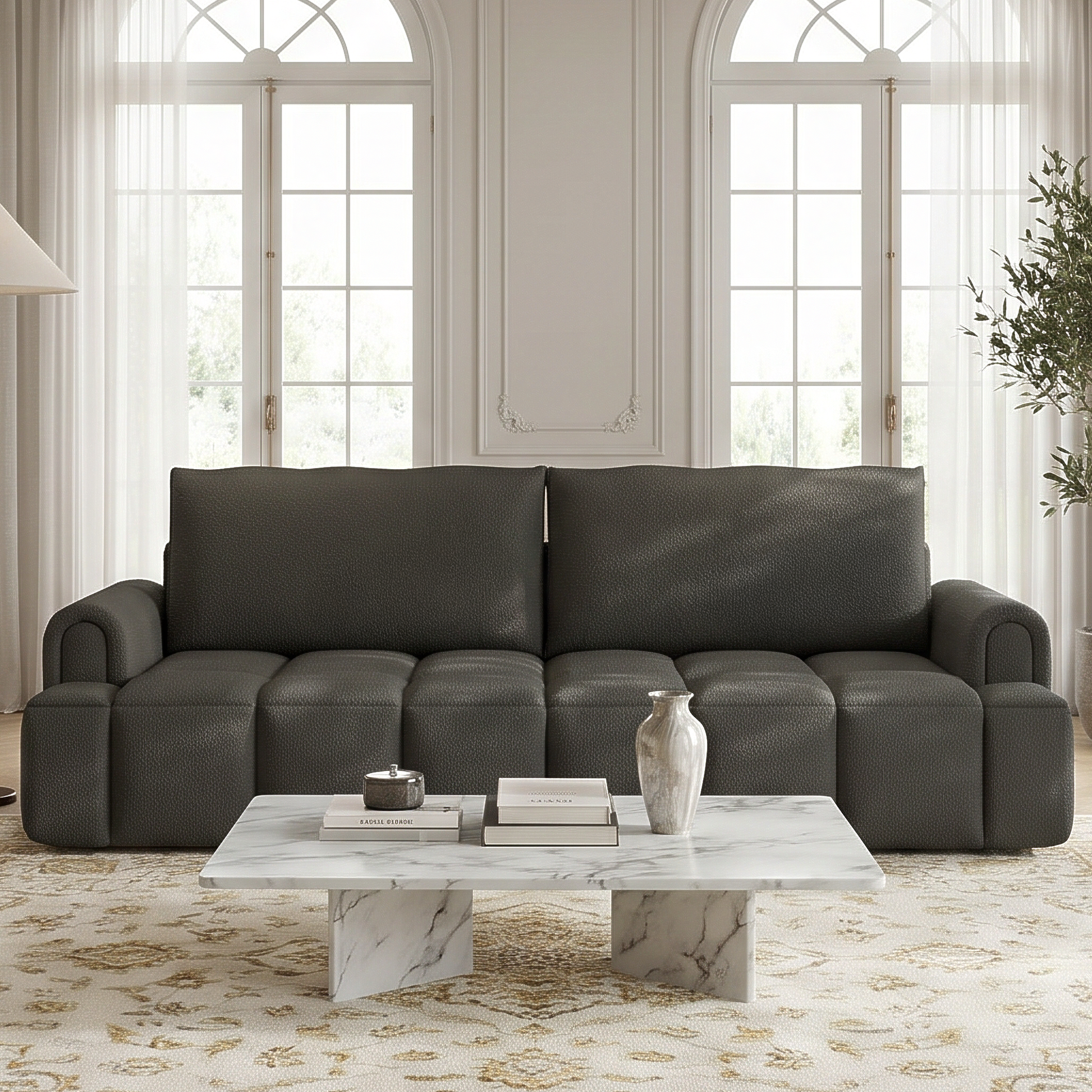 Muncie black sleeper sofa showing front view sofa setup with oversized cushions