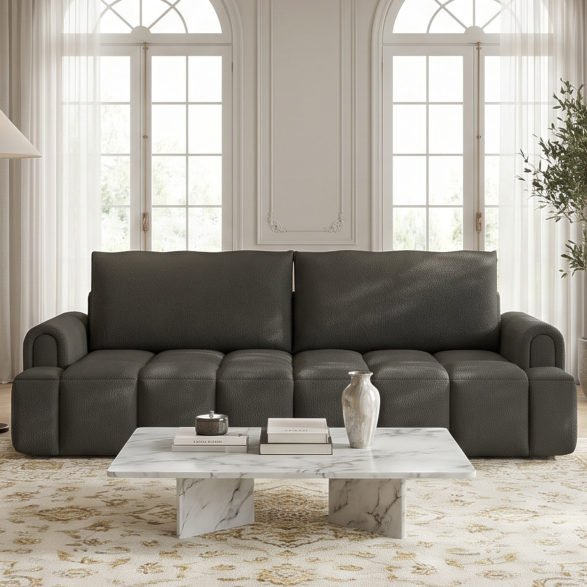 Muncie black sleeper sofa showing front view sofa setup with oversized cushions