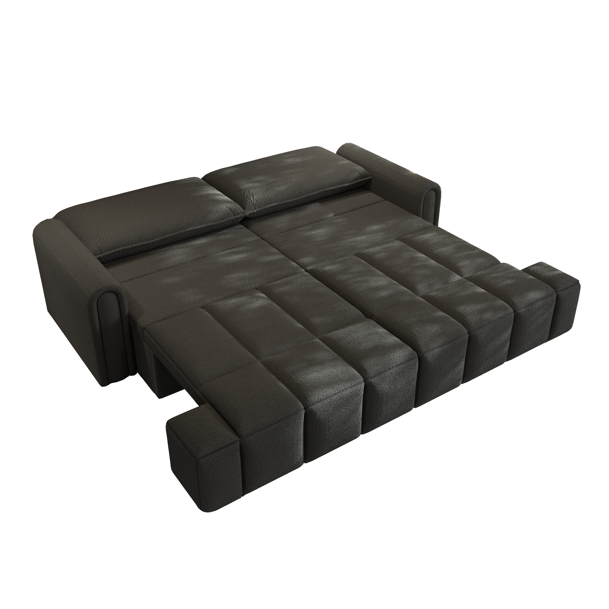 Muncie black sleeper sofa showing full sleeper bed mode on white background