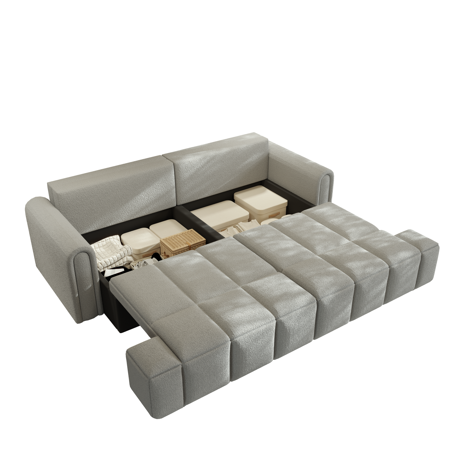 Muncie grey sleeper sofa showing hidden storage compartments under seats