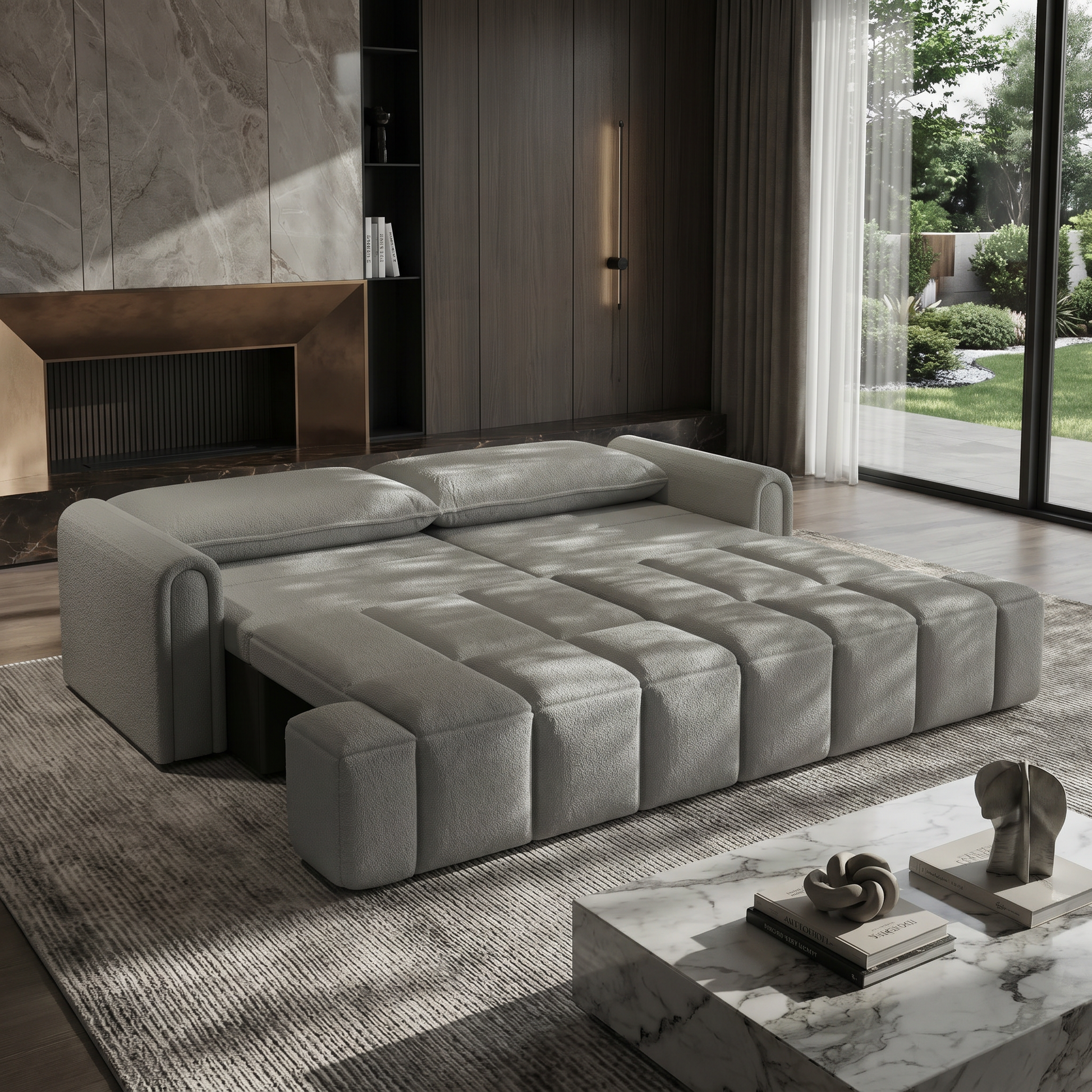 Muncie grey sleeper sofa showing full pull out sleeper bed in modern interior