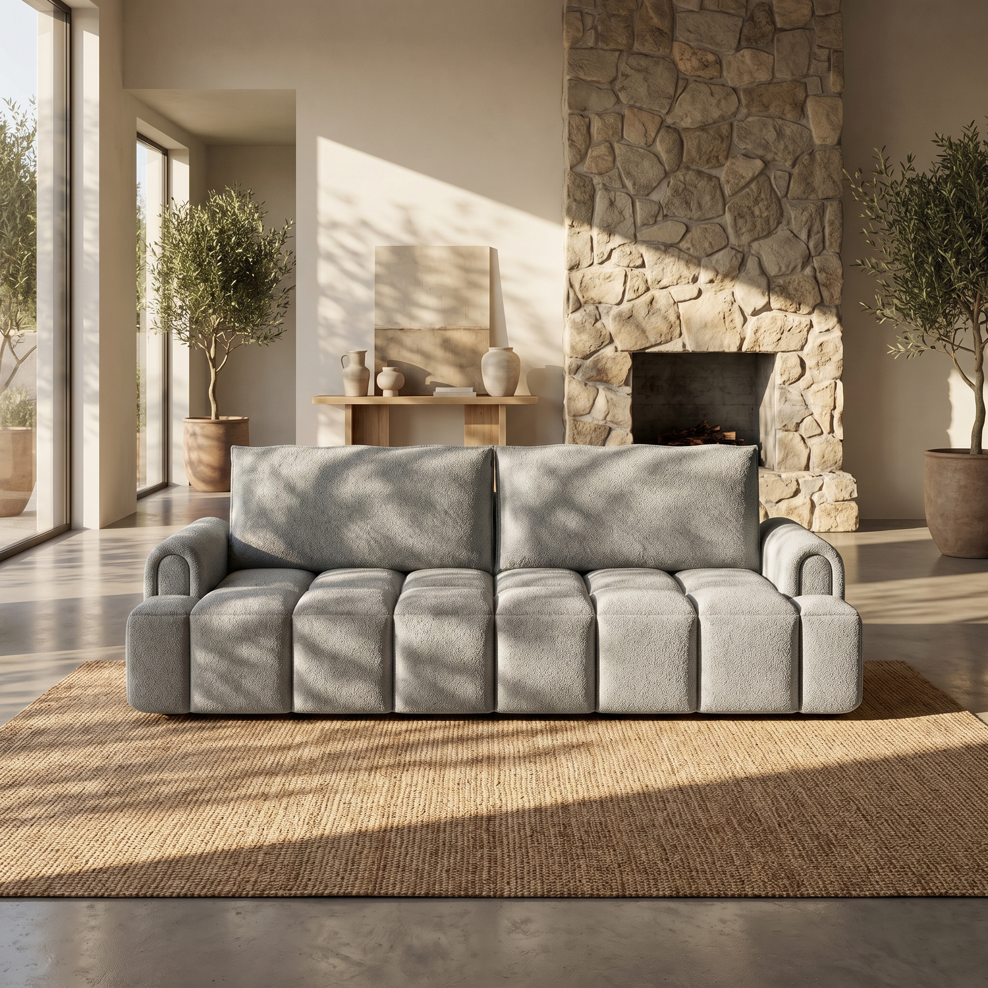  Muncie grey sleeper sofa showing front view sofa setup with plush back cushions