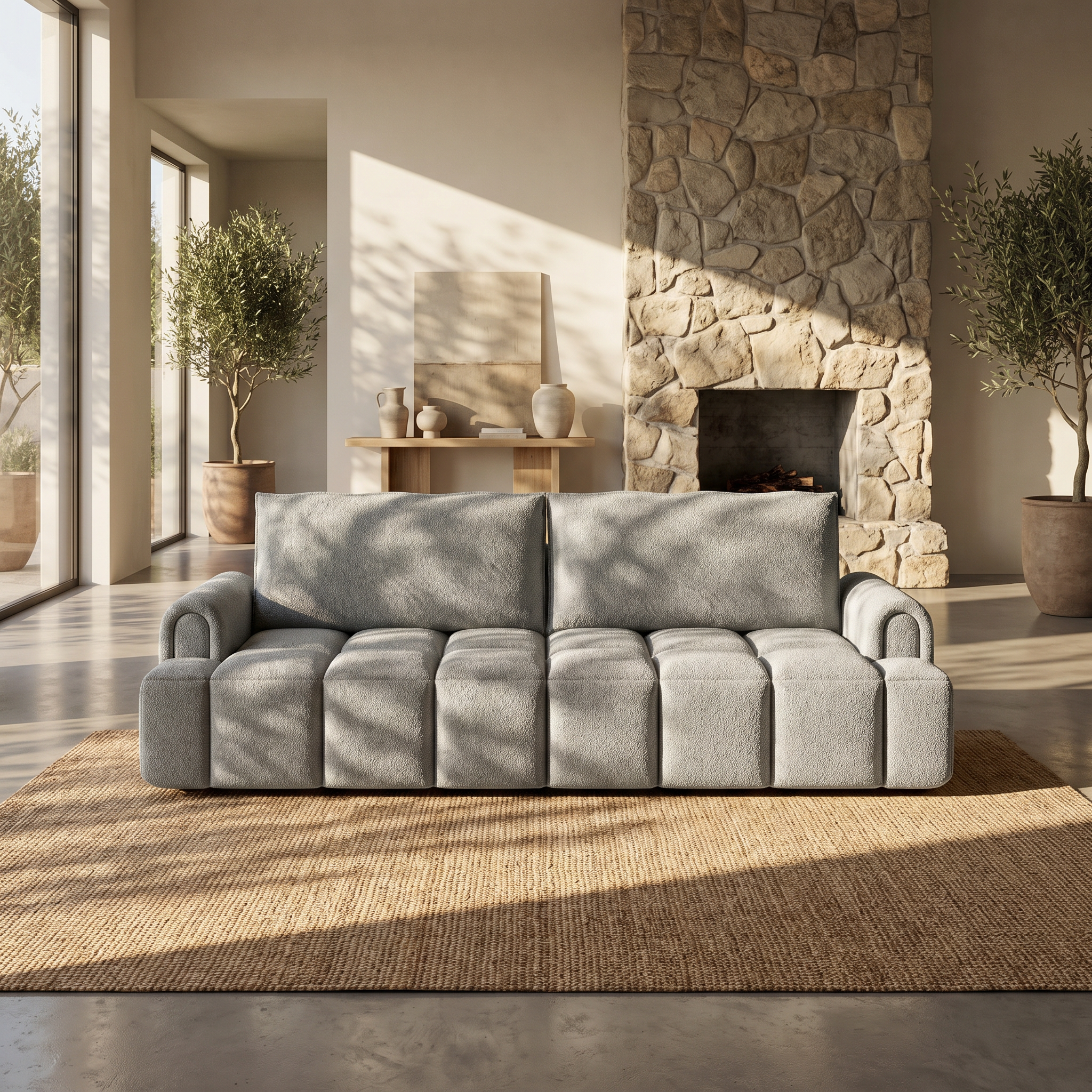  Muncie grey sleeper sofa showing front view sofa setup with plush back cushions