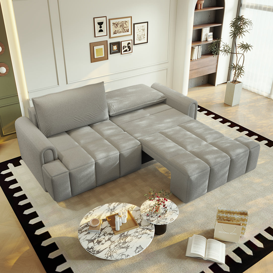  Muncie grey sleeper sofa showing partial pull out sleeper configuration