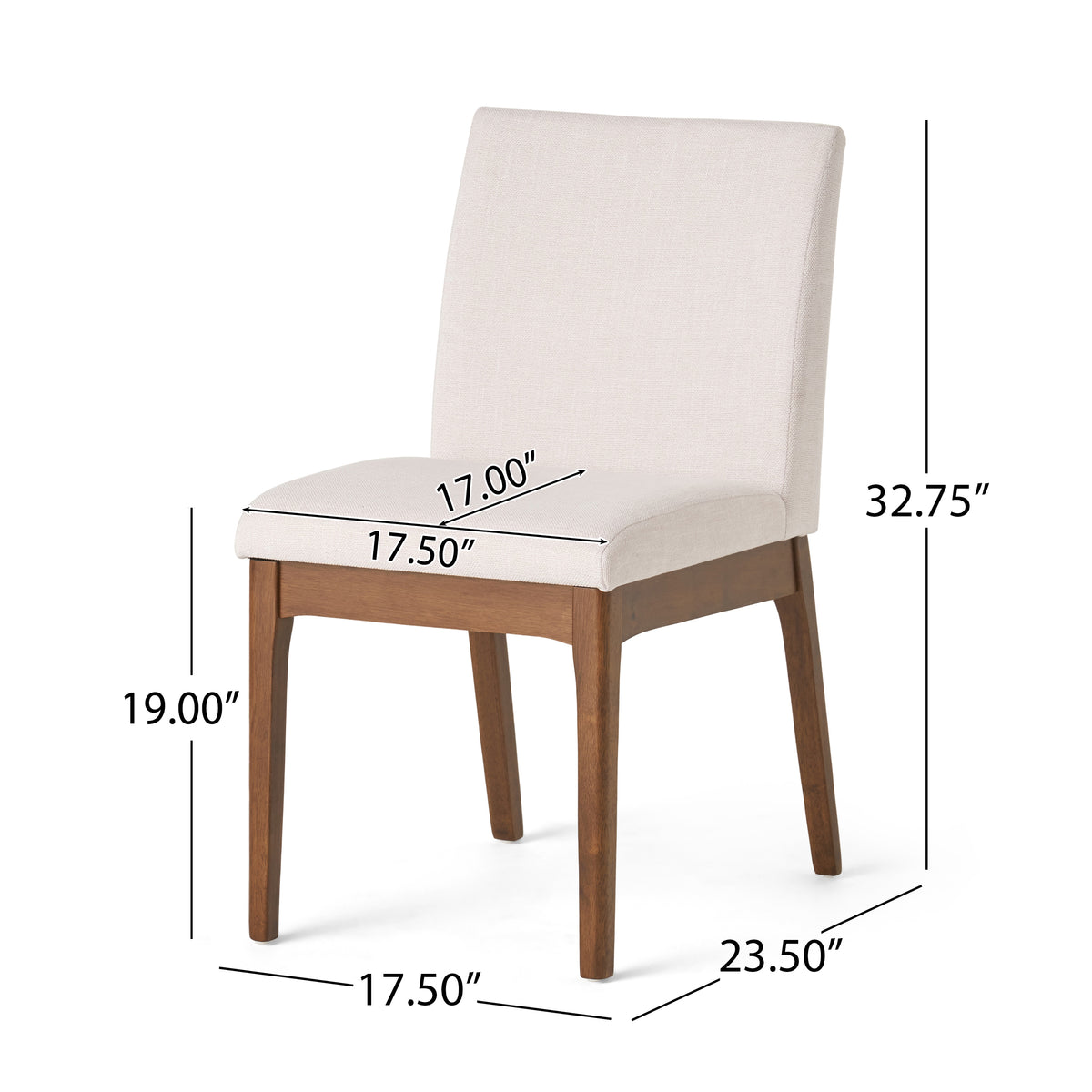 Nakuru white upholstered Parsons dining chair showing product dimensions with solid rubberwood legs