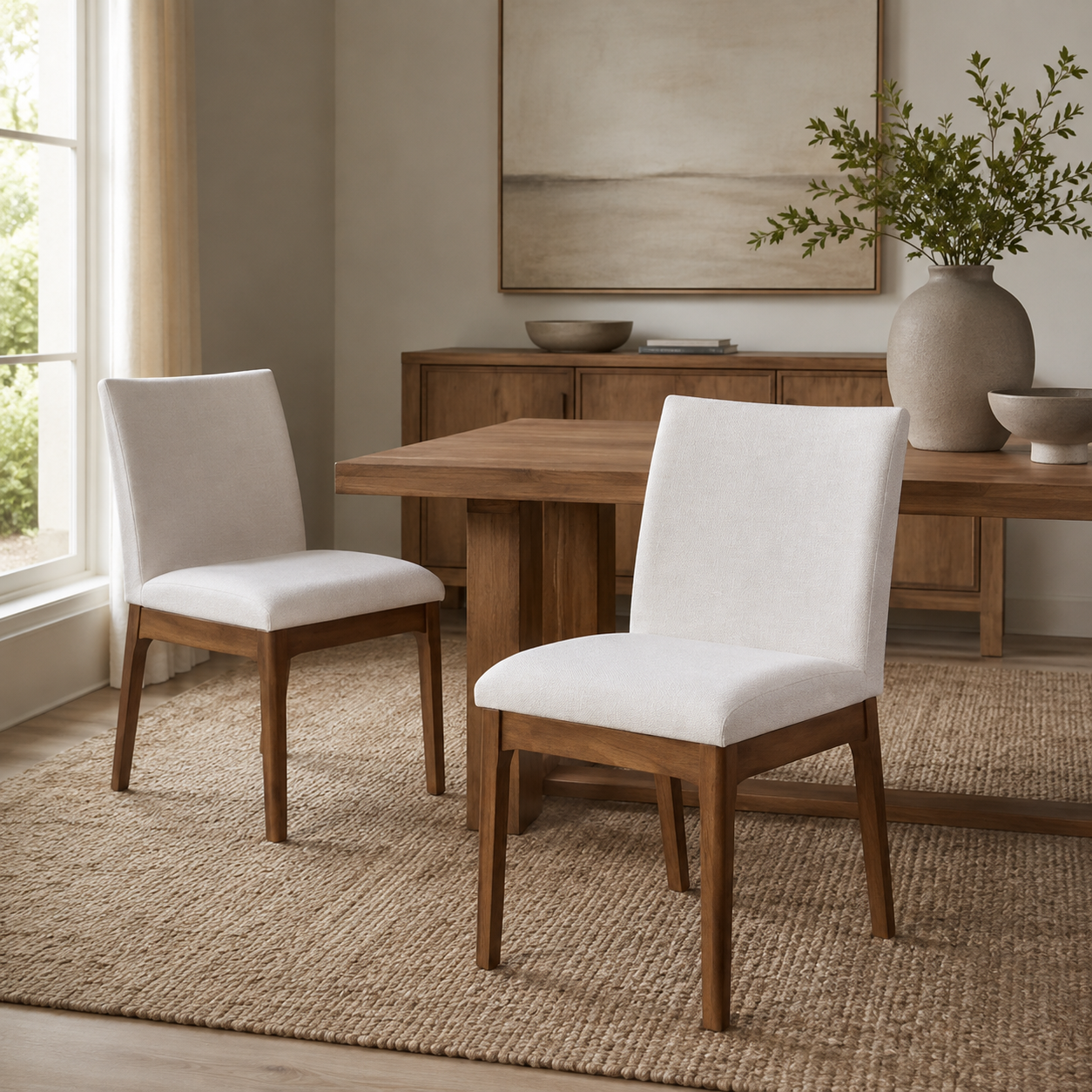Nakuru white upholstered Parsons dining chairs with solid rubberwood legs around a wood dining table