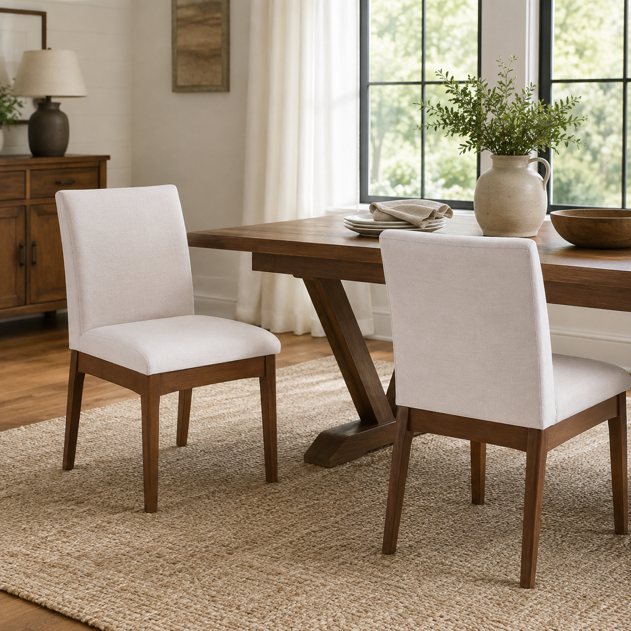 Nakuru white upholstered dining chairs in a bright dining room with natural wood furniture