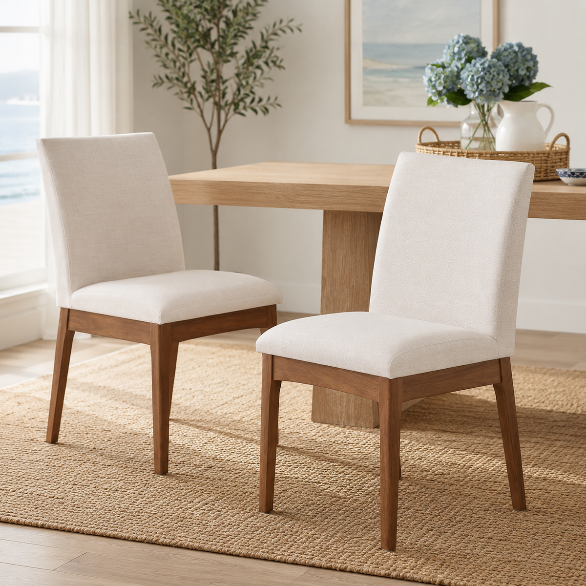 Nakuru white Parsons dining chairs beside a wood table in a warm contemporary dining space