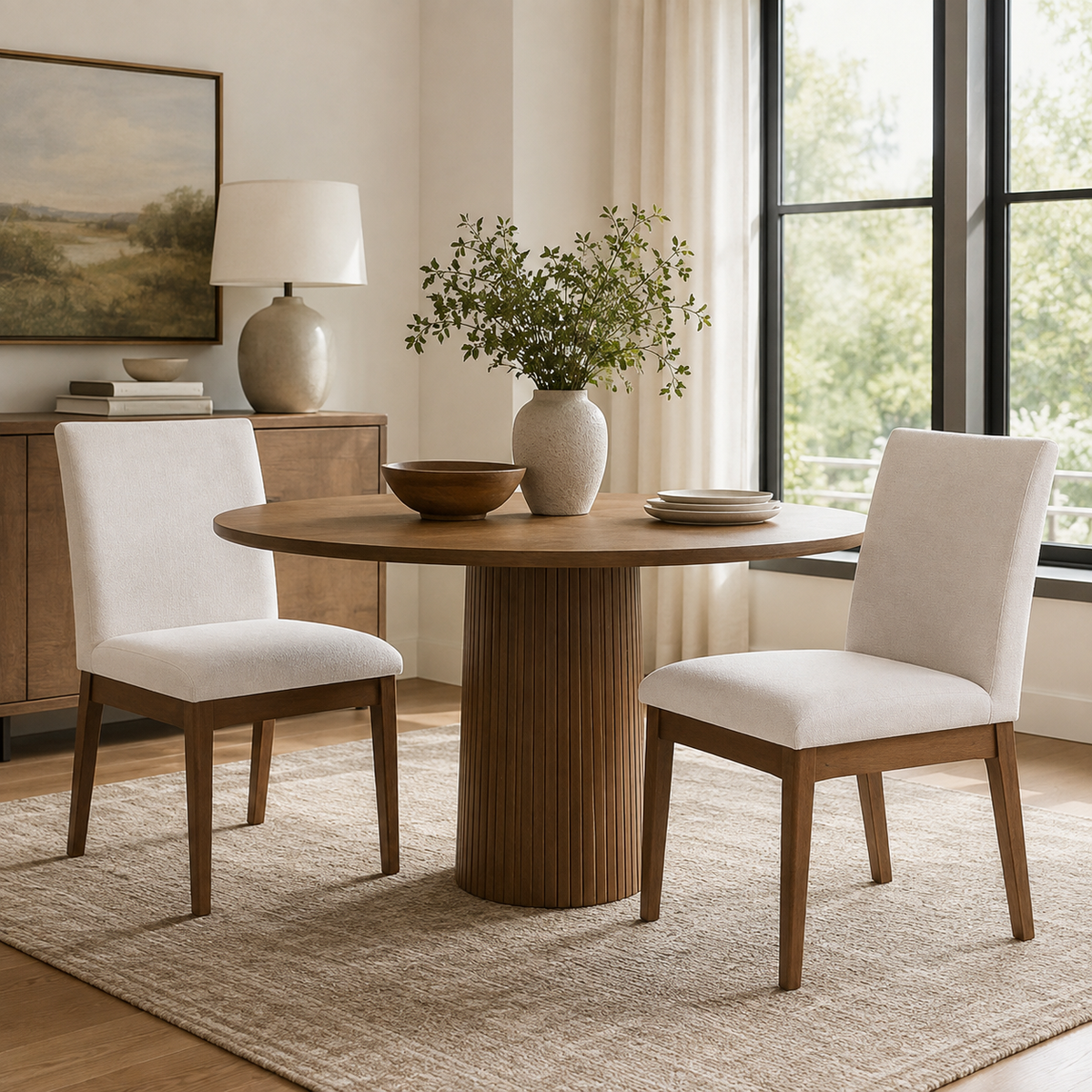 Nakuru white upholstered dining chairs around a rectangular table in a sunlit dining room