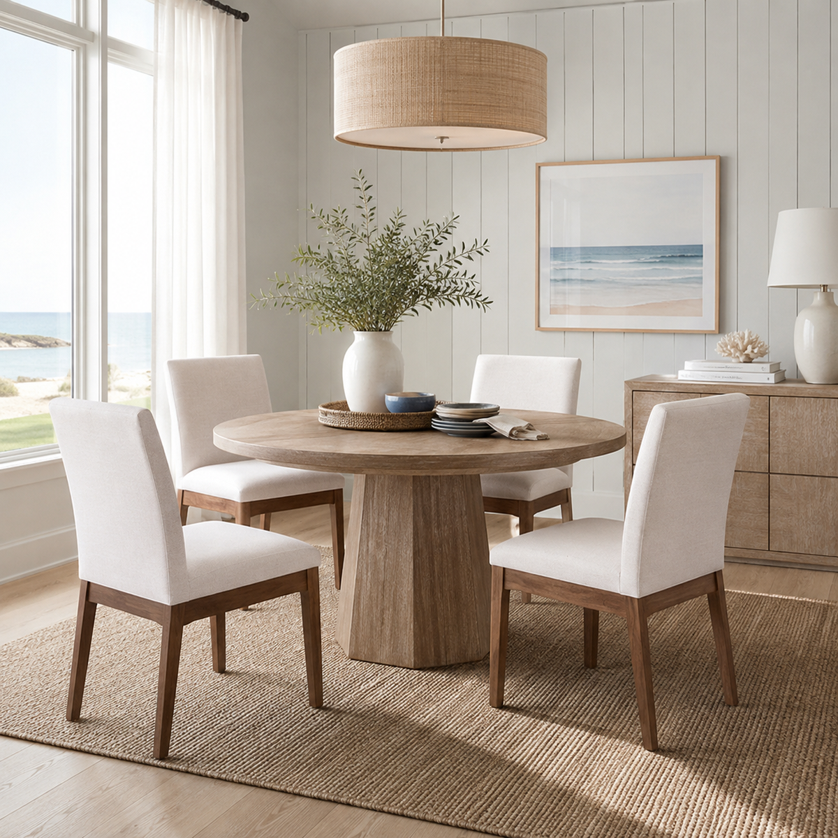 Nakuru white dining chair set in a bright neutral dining room with plants and wood accents