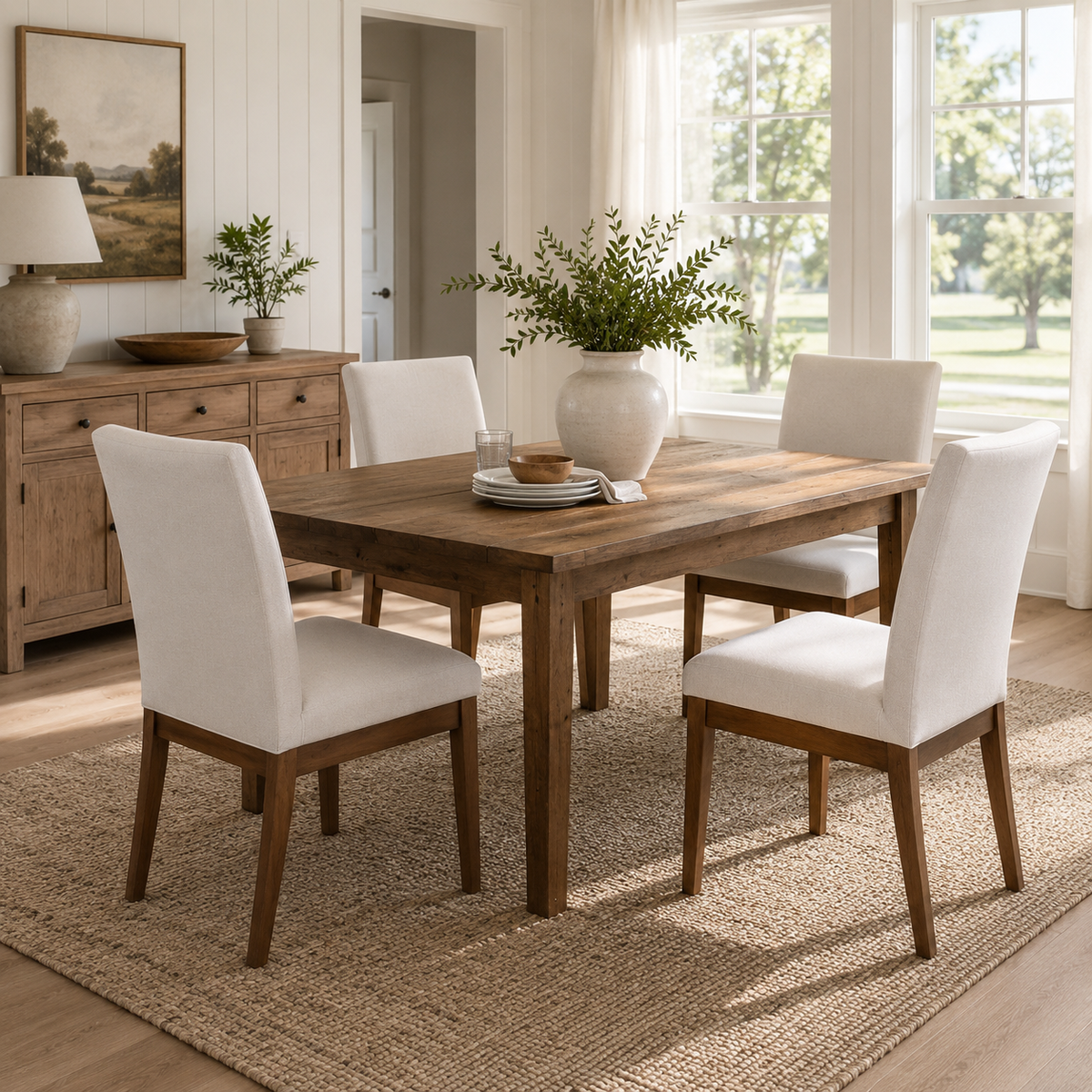 Nakuru white upholstered dining chairs beside a natural wood table in a cozy home dining area