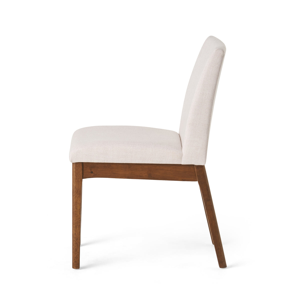 Nakuru white dining chair side view with solid rubberwood legs on white background