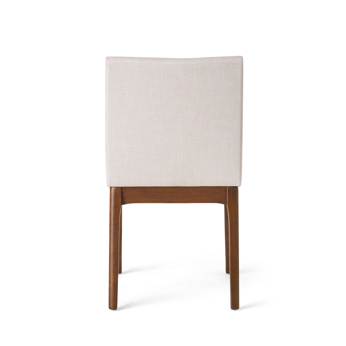 Nakuru white upholstered dining chair rear view with tapered wood legs on white background