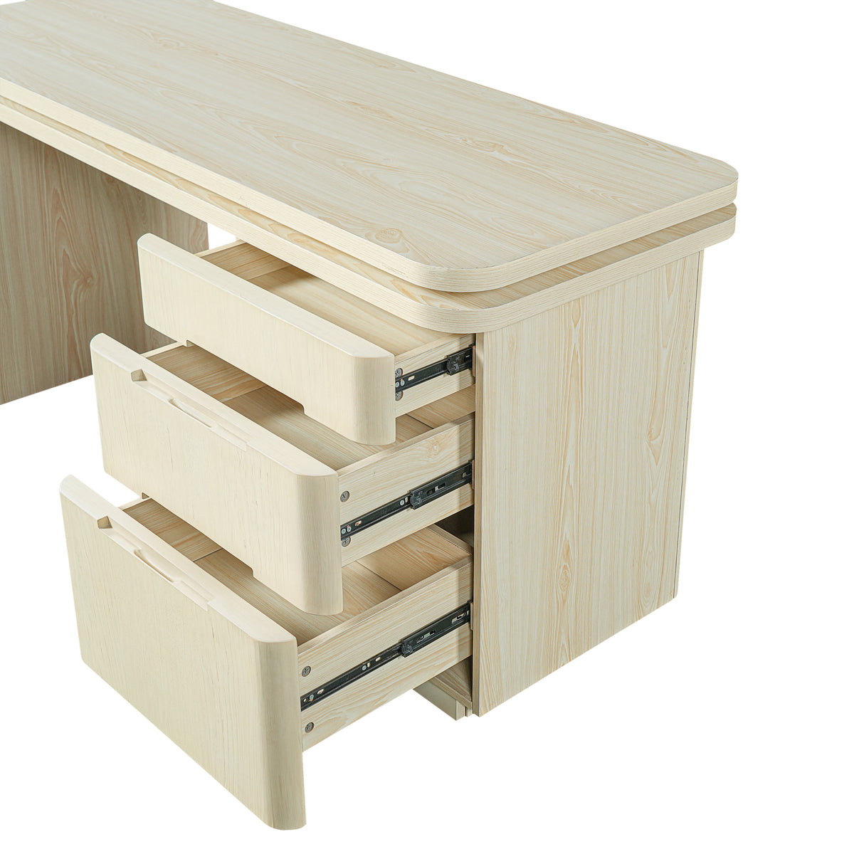 Narvik natural executive desk showing three-drawer pedestal detail